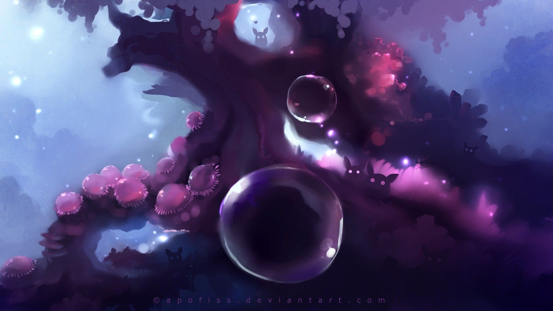 Bolle, Albero, Illustrazione, Viola, 1920x1080, immagine di sfondo