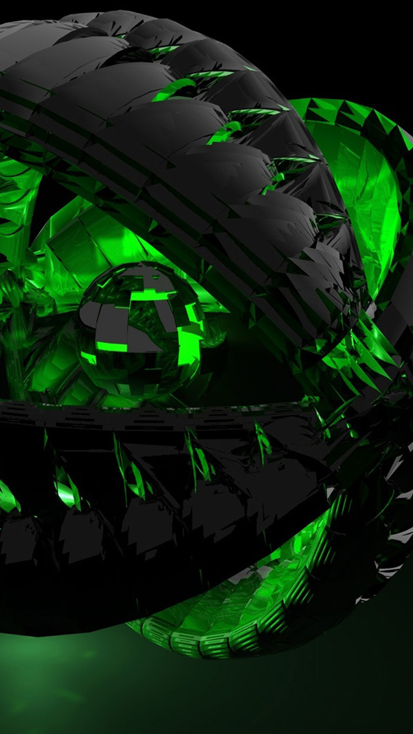 Forme 3D, Verde neon, Sfondo nero, QHD+, schermata di blocco del cellulare