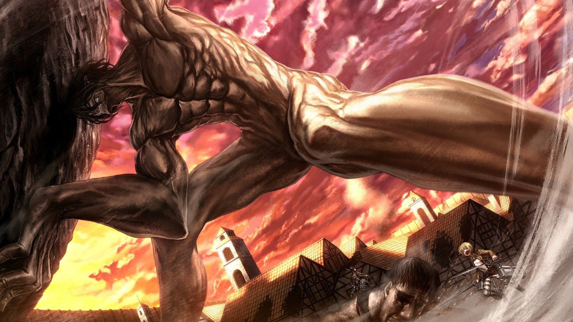 Gigante Colossale, L'attacco dei giganti, Mura, Tramonto, Full HD, wallpaper per portatile