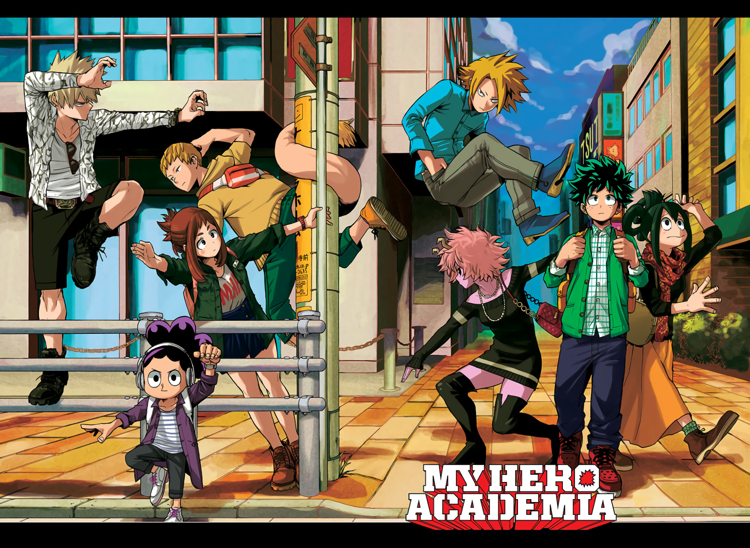 Izuku Midoriya, Ochaco Uraraka, Tsuyu Asui, Tenya Iida, My Hero Academia, Città, sfondo 2K