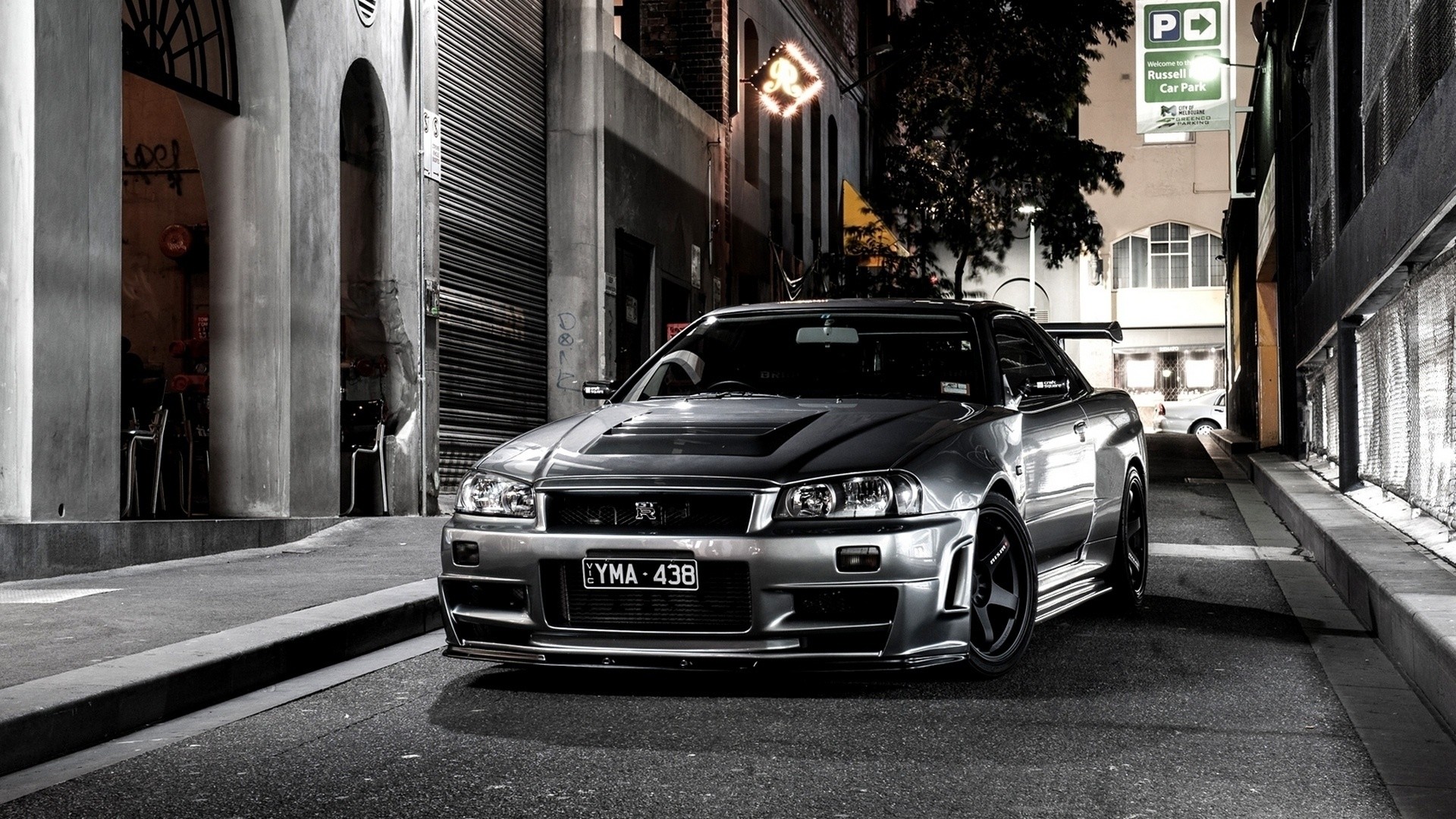 Nissan Skyline GT-R (R34), Vicolo, Argento, Full HD, sfondo Windows 11