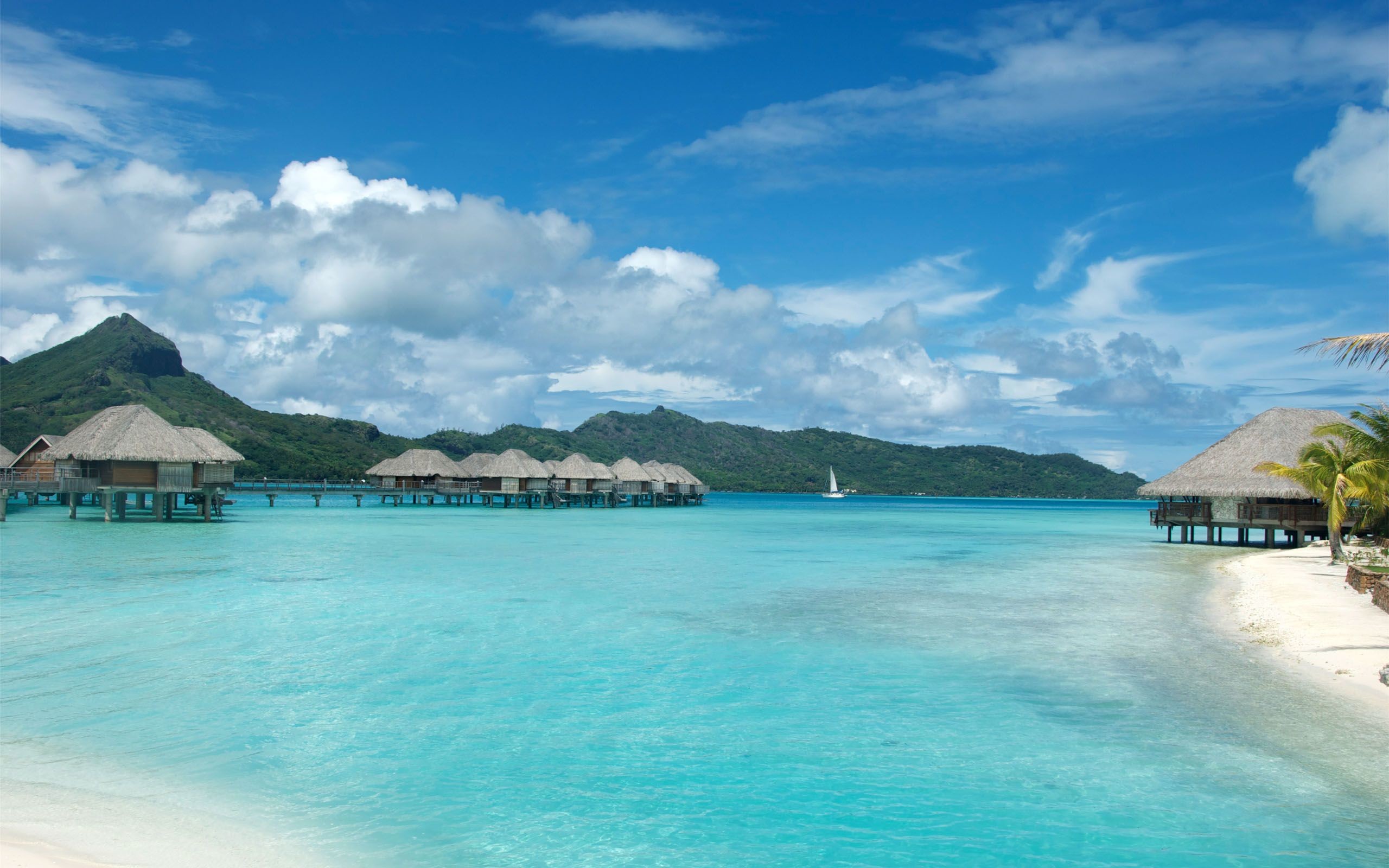 Bora Bora, Bungalow sull'acqua, Laguna, Spiaggia, 2560x1600, sfondo MacBook Pro