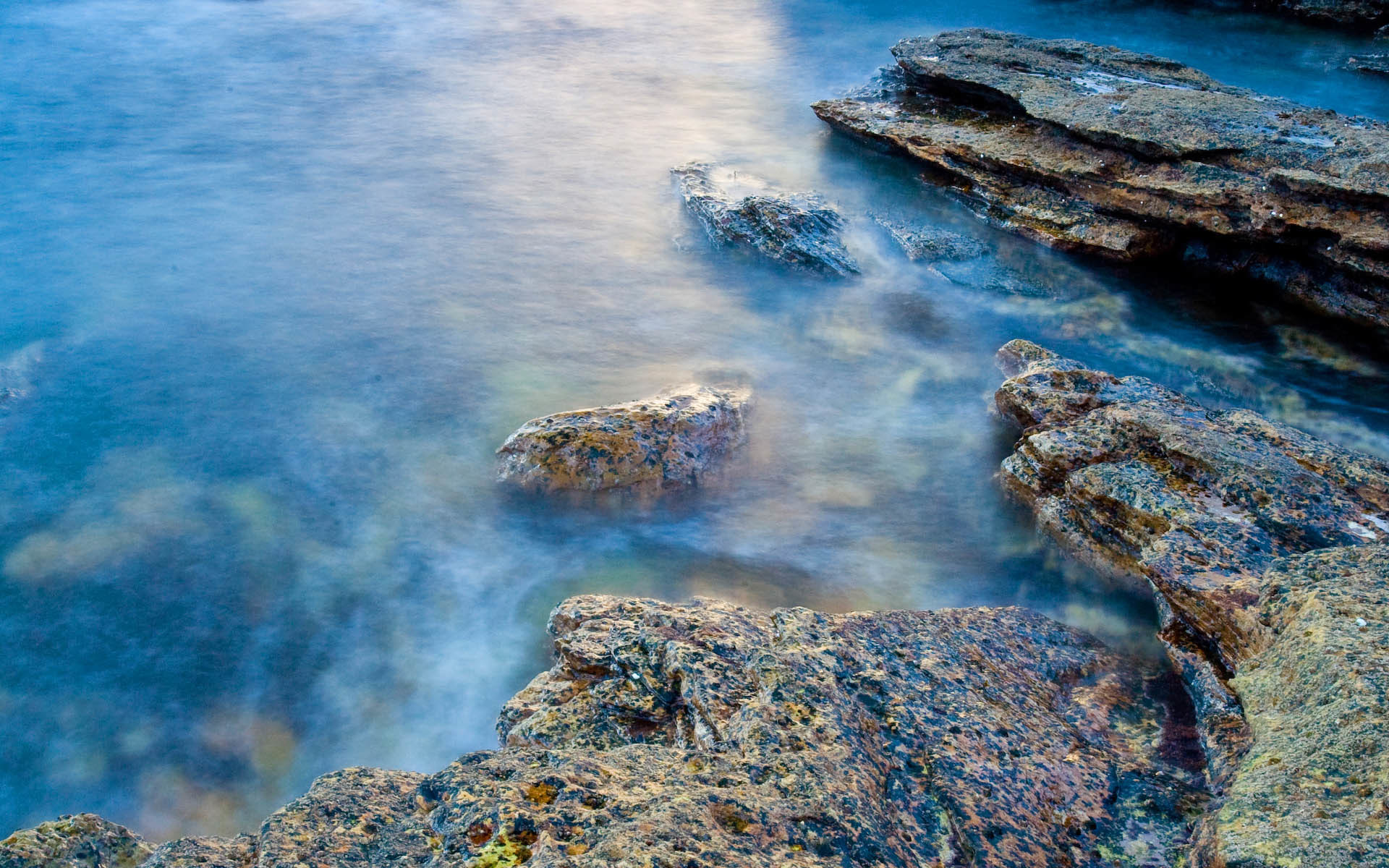 Rocce, Mare, Lunga esposizione, Blu, Full HD, immagine di sfondo Windows 7