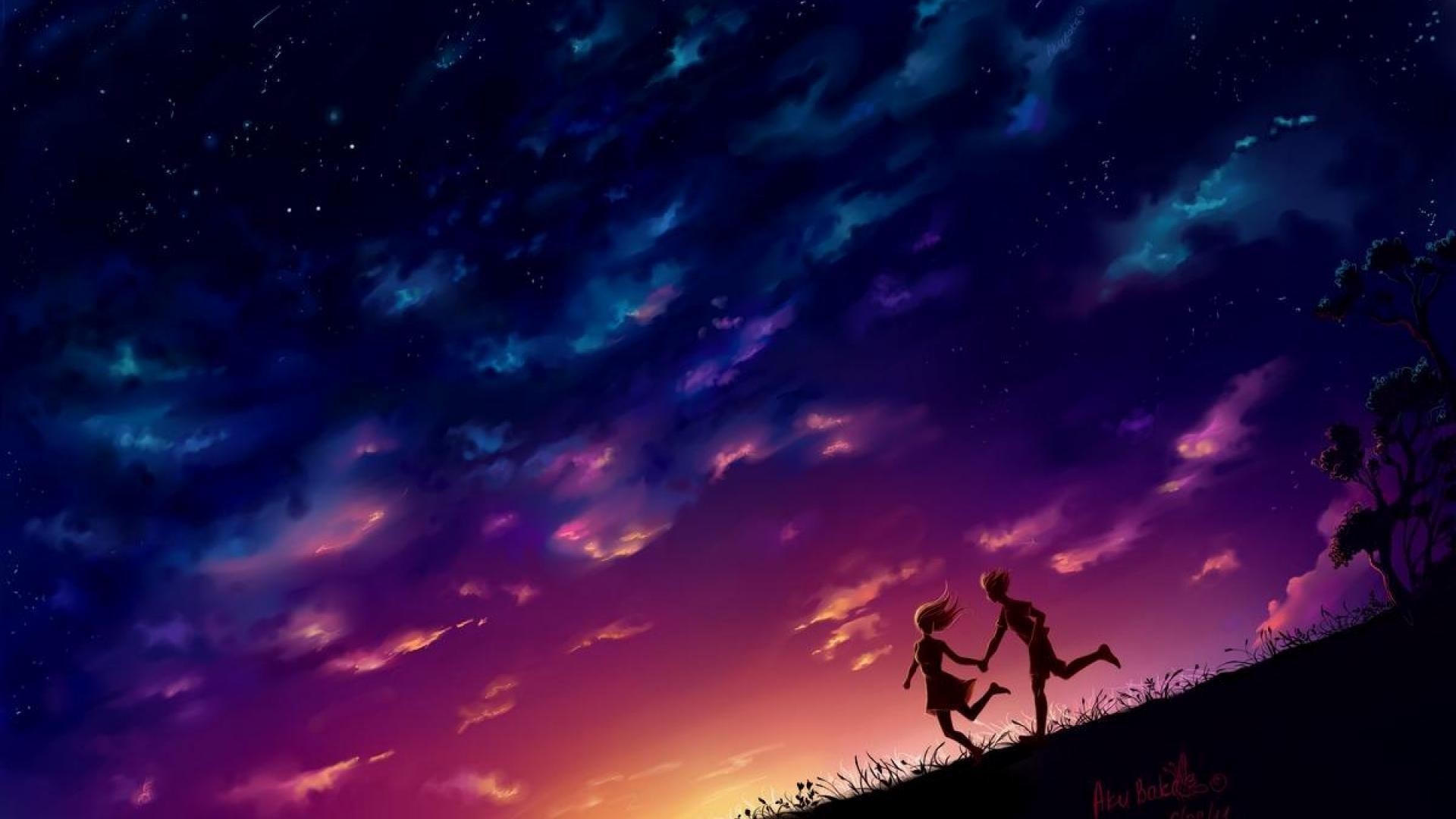 Coppia, Corsa, Cielo stellato, Illustrazione, 1920x1080, sfondo per PC