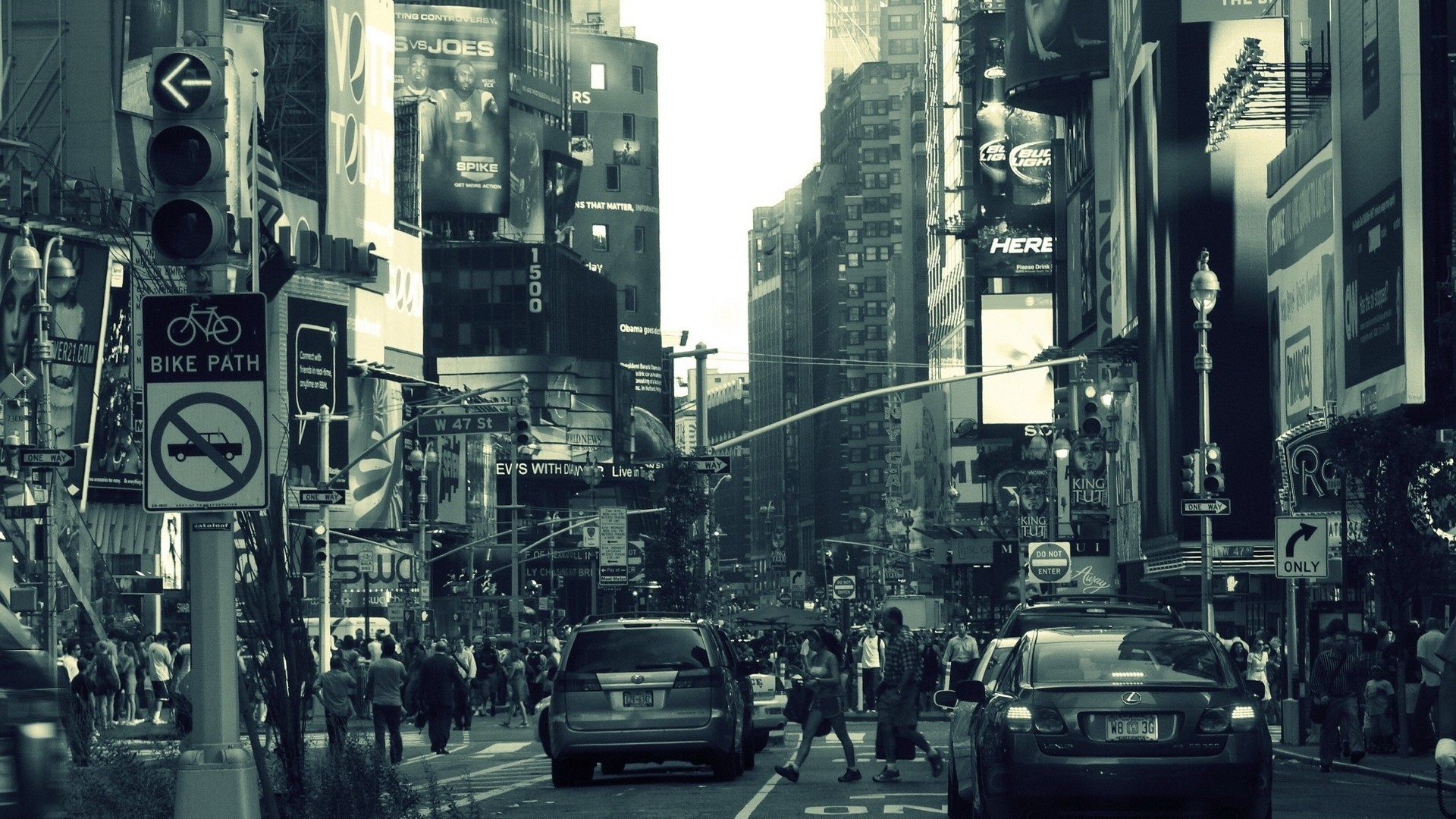 Times Square, Manhattan, Traffico, Bianco e nero, Full HD, sfondo per PC