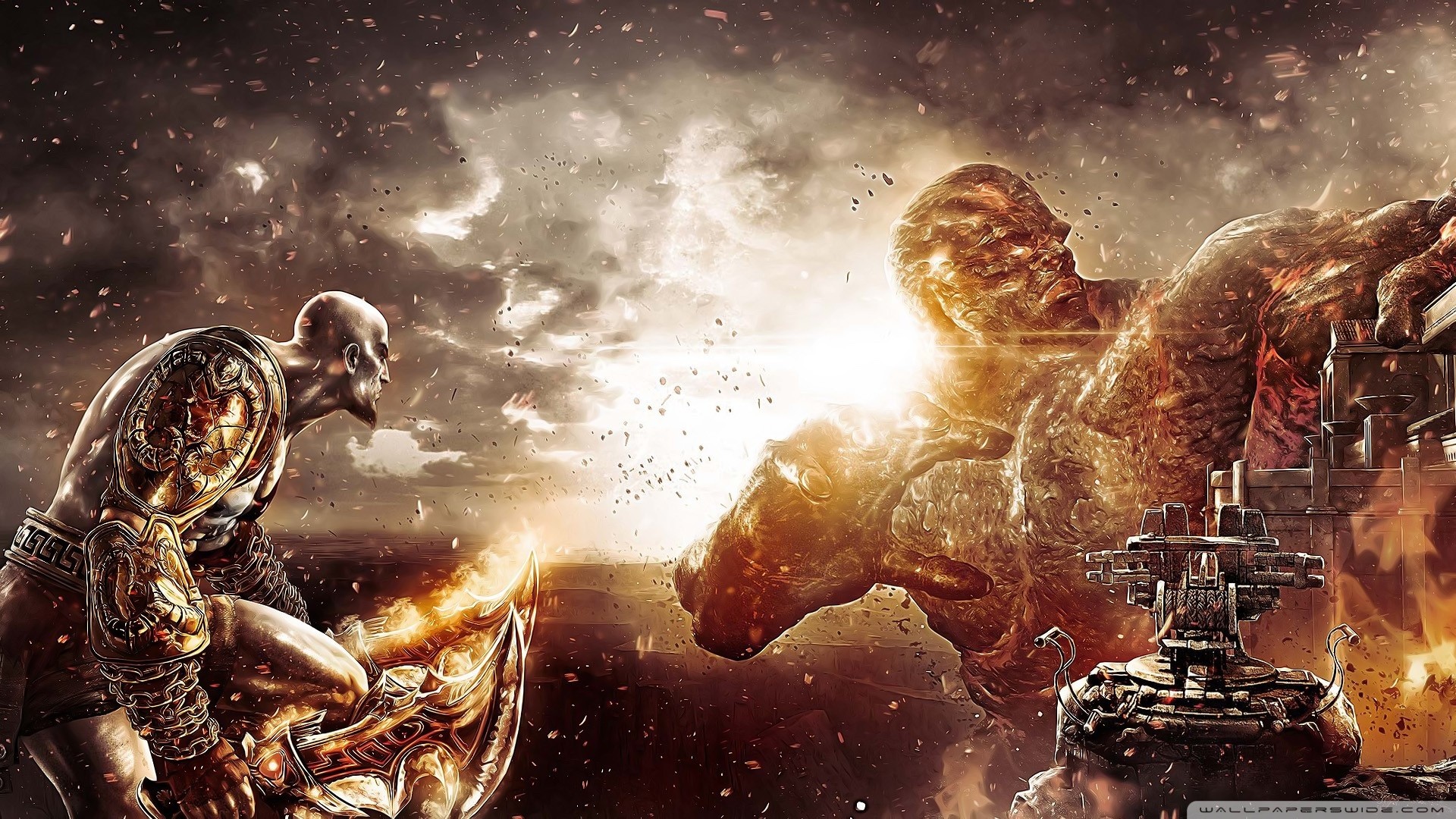 Kratos, God of War III, Titano, Battaglia, Fumo, Full HD, sfondo per PC
