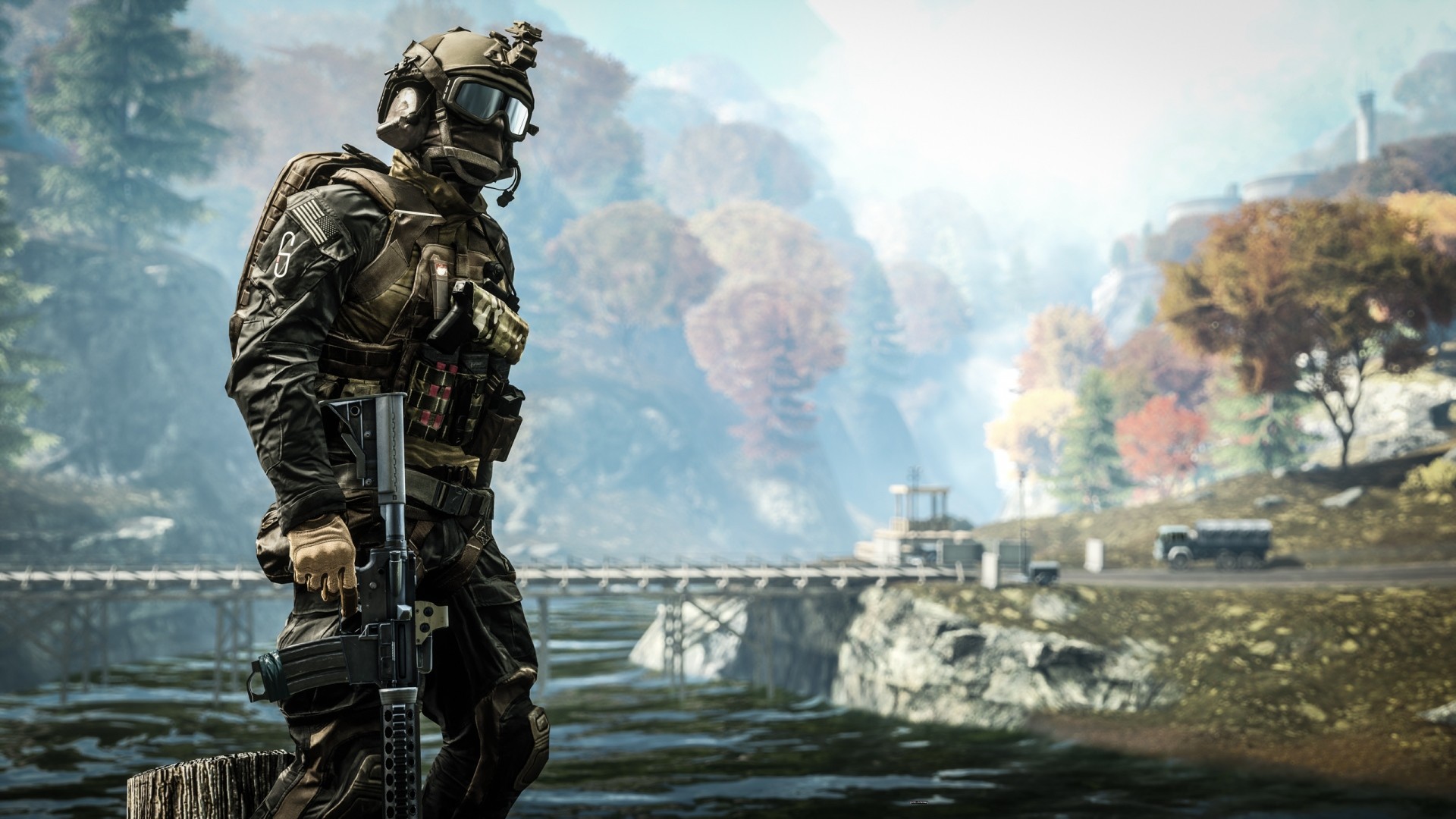 Battlefield 4, Soldato, Fiume, Foresta autunnale, Ponte, 16:9 Full HD, sfondo widescreen