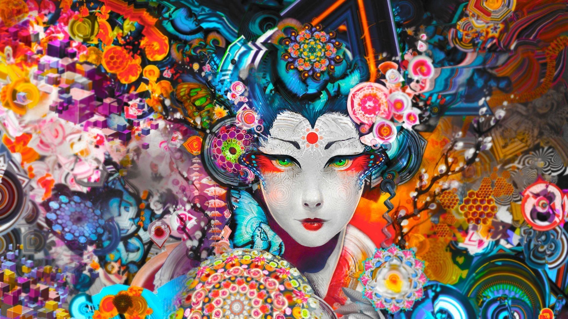 Geisha, Fiori, Mandala, Arte psichedelica, 1920x1080, sfondo per PC