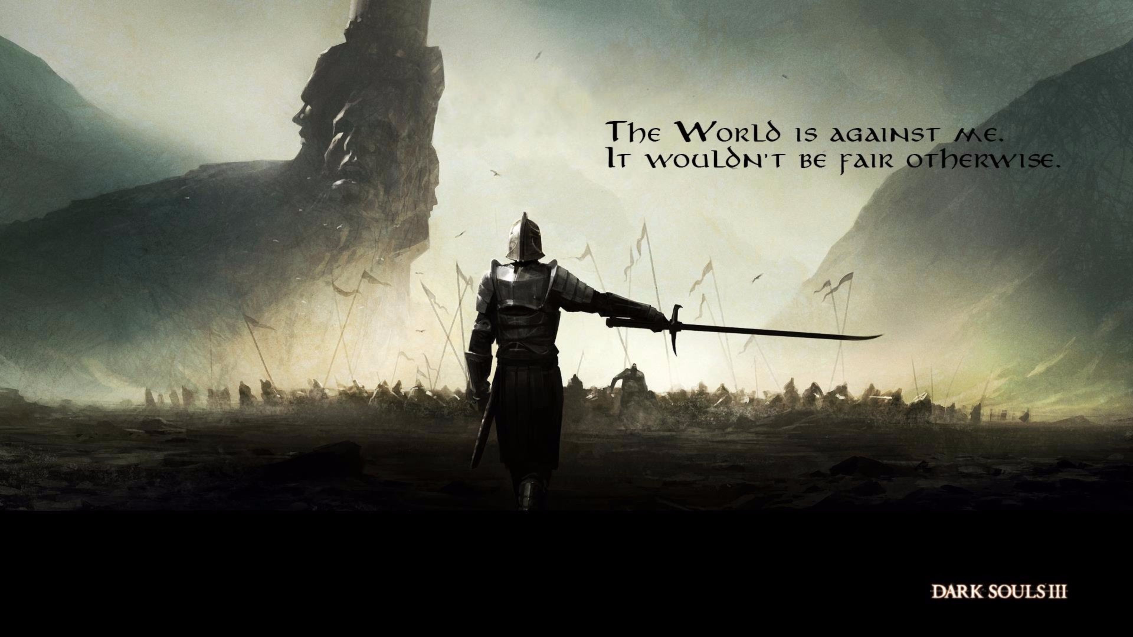 Dark Souls III, Cavaliere, Spada, Citazione, Nebbia, 16:9 4K, sfondo widescreen