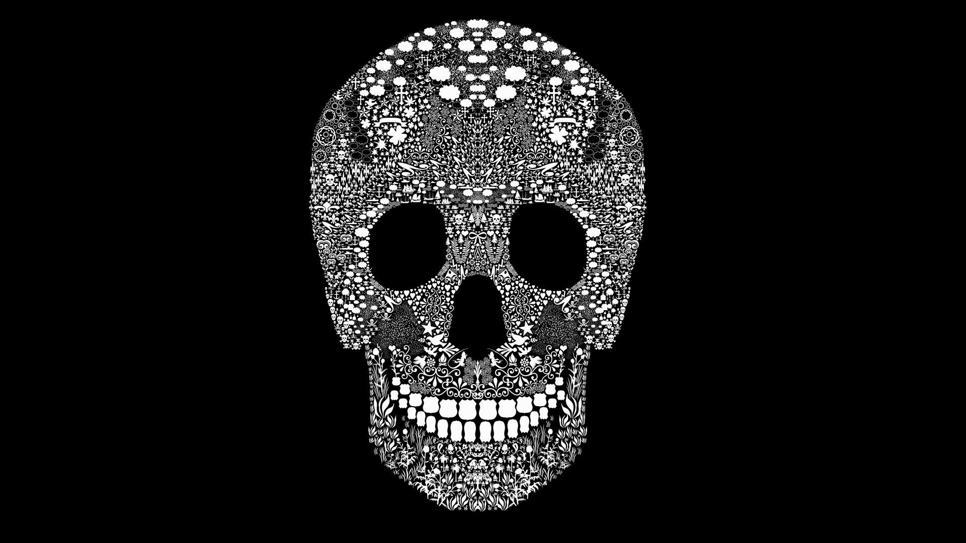 Teschio, Motivo decorativo, Bianco e nero, Sfondo nero, Full HD, wallpaper per PC