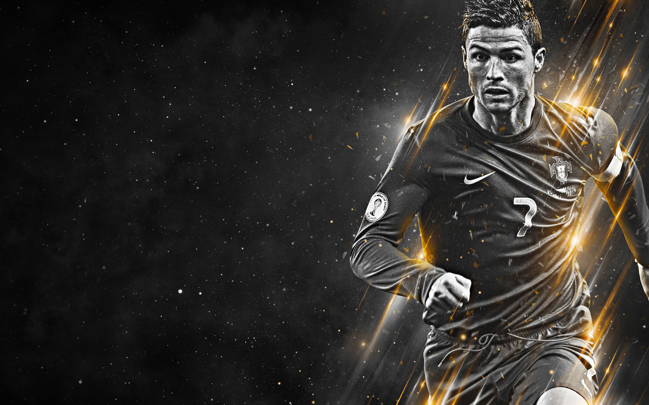 Cristiano Ronaldo, Nazionale portoghese, Scintille dorate, Sfondo nero, wallpaper per portatile
