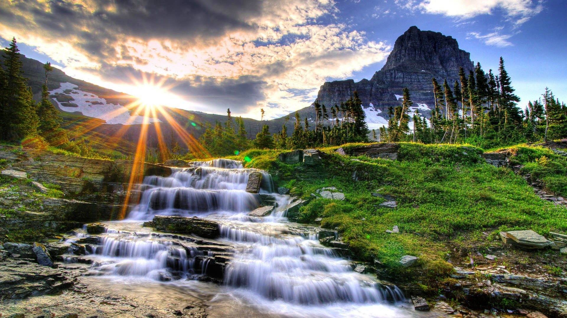 Glacier National Park, Cascata, Montagne, Raggi di sole, sfondo PC