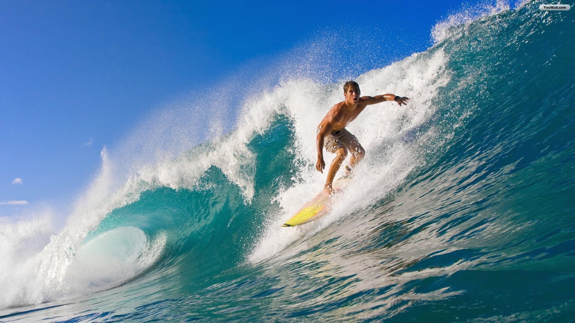 Surfista, Onda, Spruzzi, Cielo blu, 16:9 Full HD, sfondo widescreen