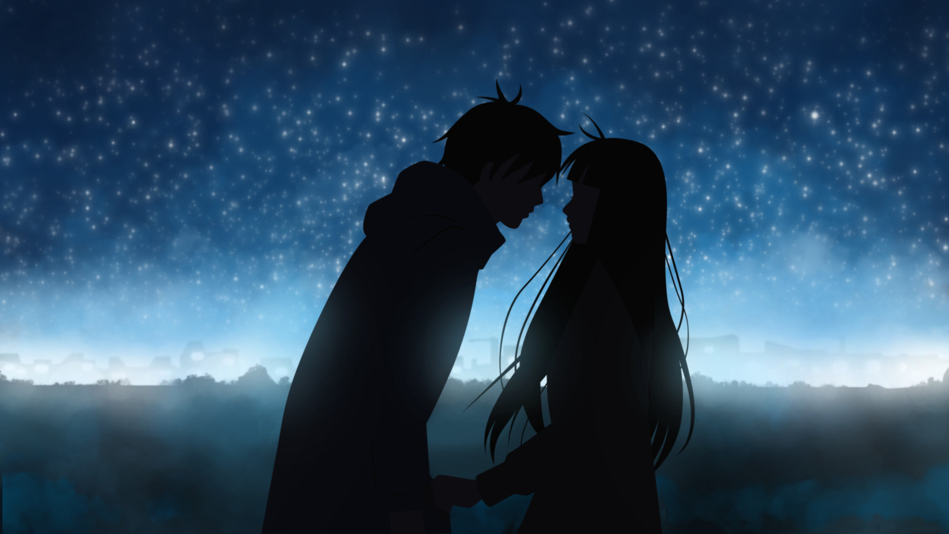Coppia, Silhouette, Bacio, Notte stellata, Full HD, sfondo per PC e portatile