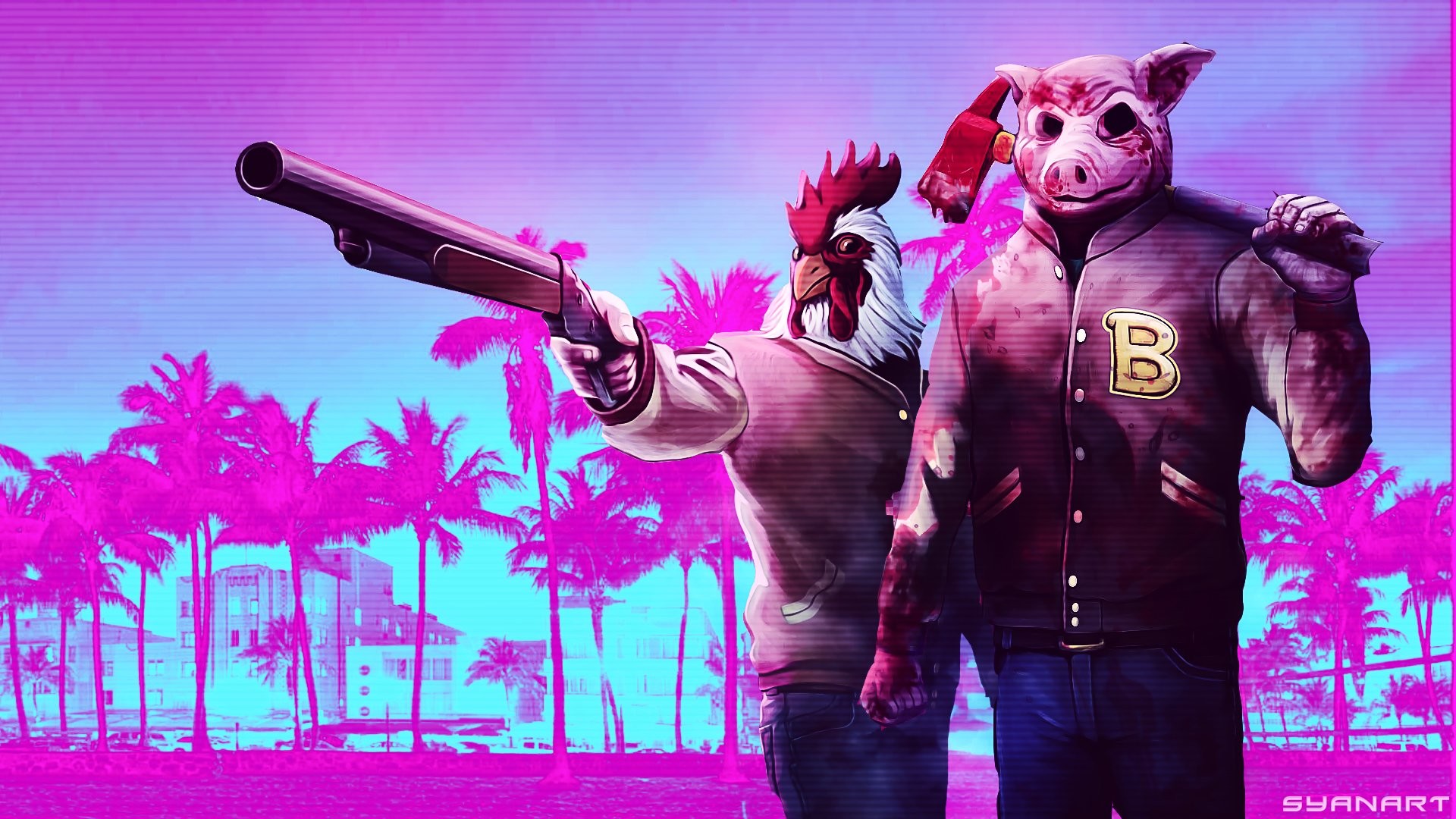 Hotline Miami 2, Maschera da maiale, Fucile, Palme, Synthwave, Full HD, sfondo per portatile