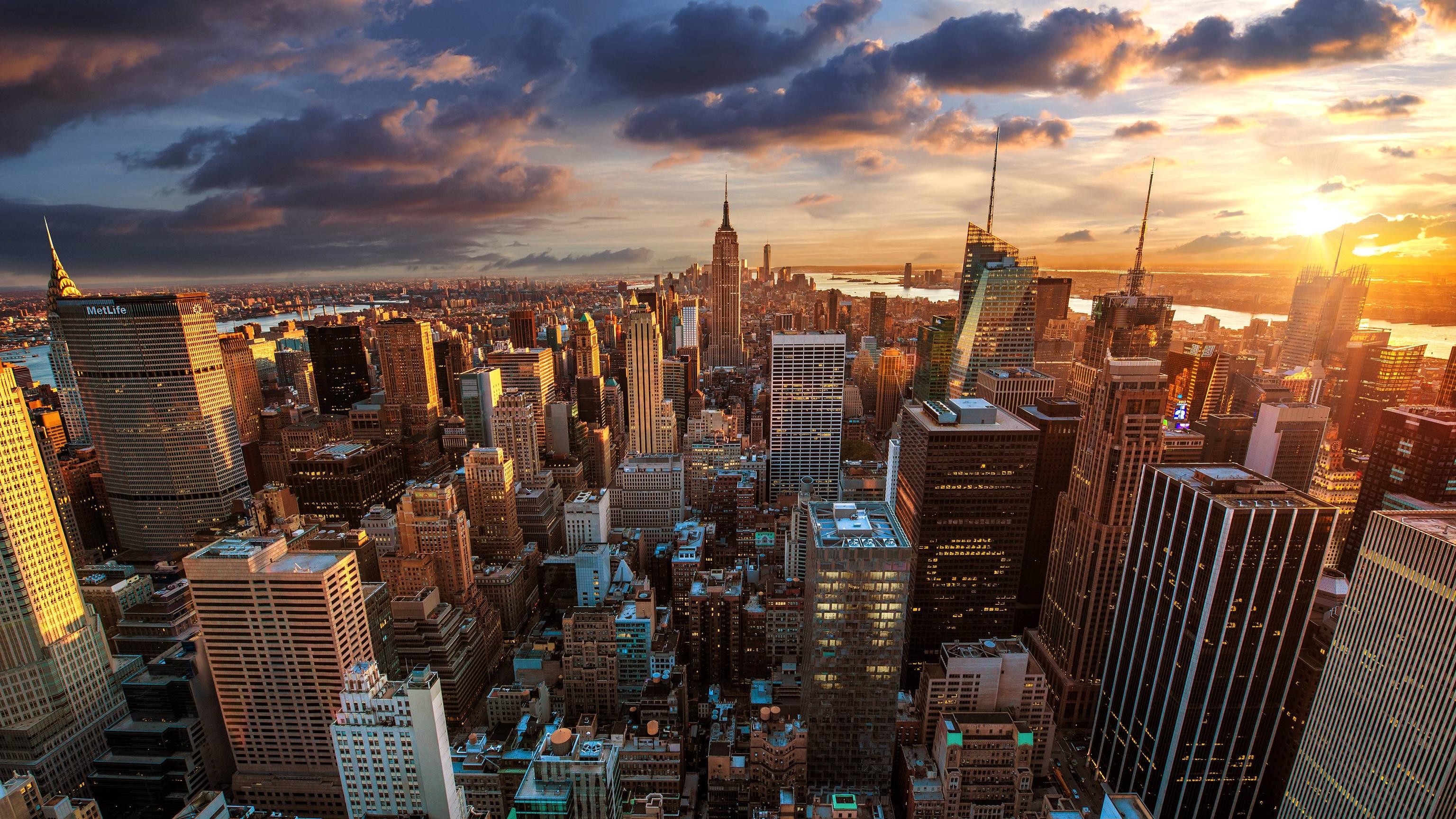 Midtown Manhattan, Empire State Building, Tramonto, Grattacieli, sfondo 2K per PC