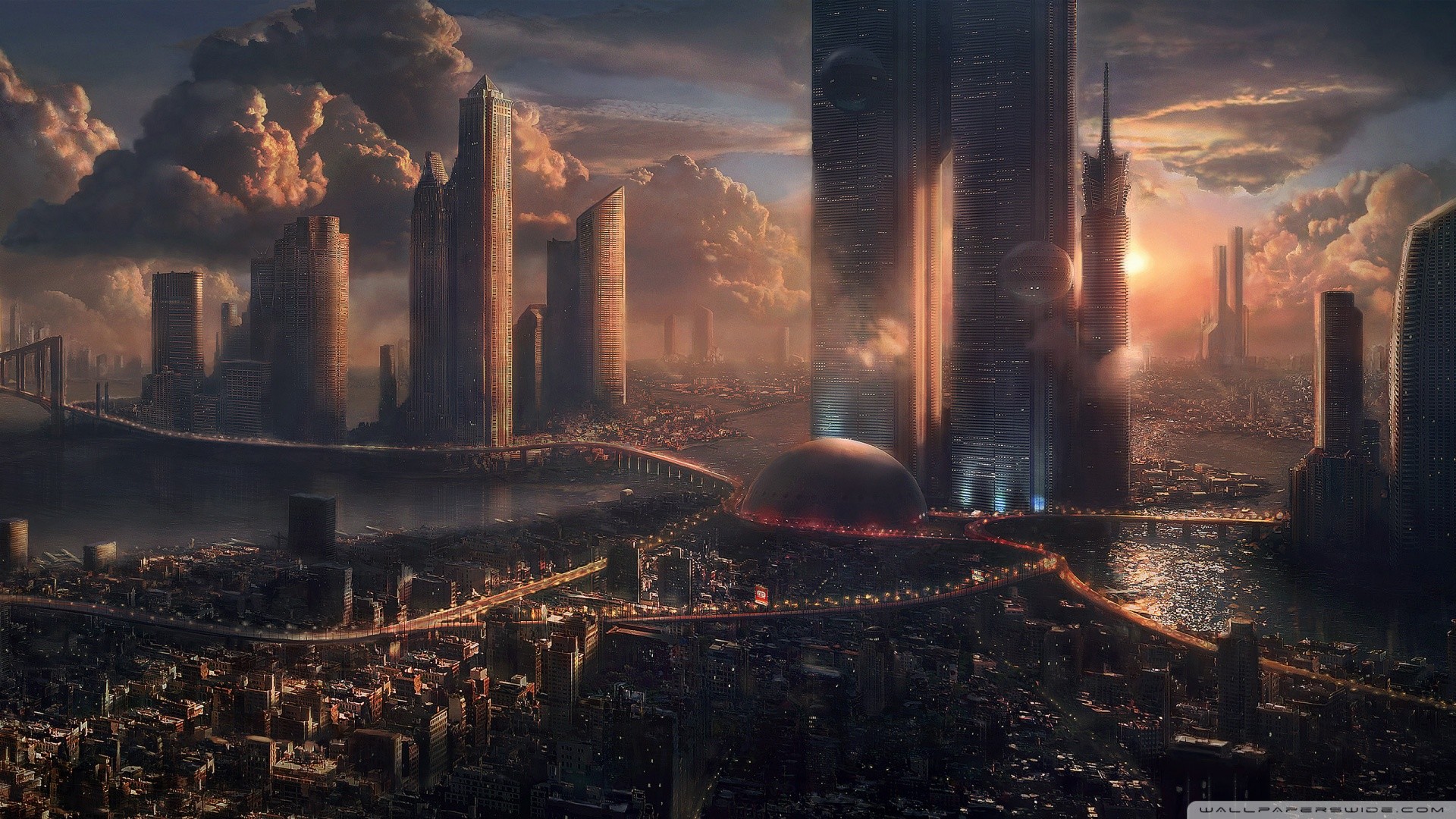 Metropoli futuristica, Grattacieli, Tramonto, Nuvole, Fantascienza, sfondo widescreen Full HD
