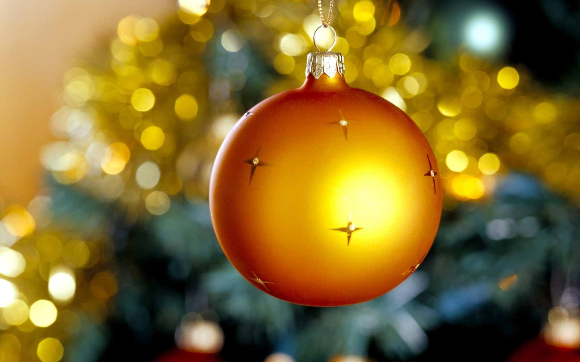 Pallina di Natale dorata, Bokeh, Albero di Natale, Full HD, immagine di sfondo PC