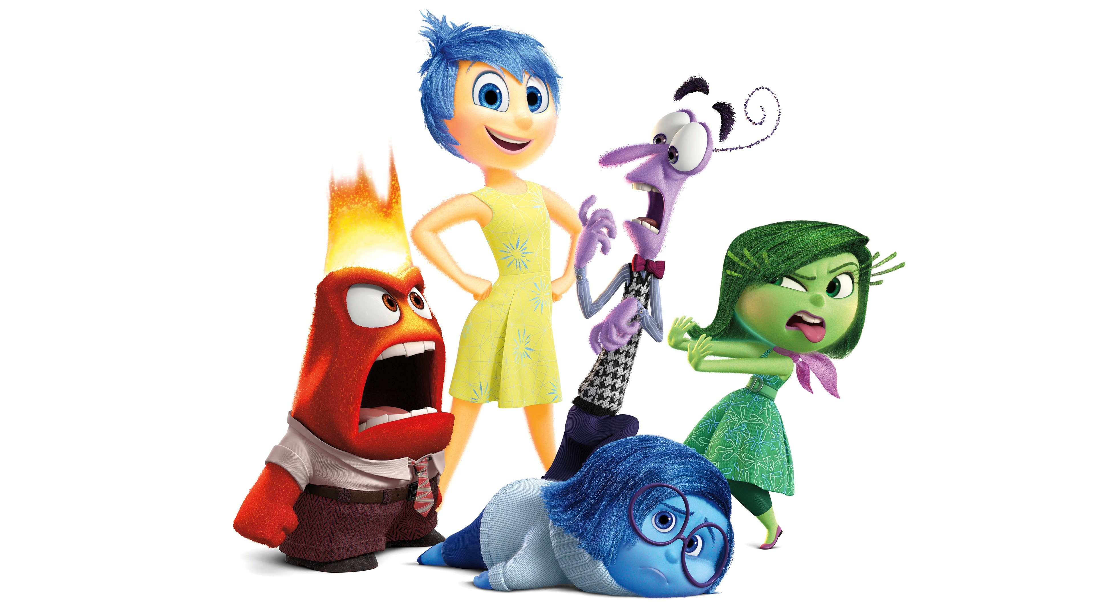 Gioia, Tristezza, Rabbia, Paura, Disgusto, Inside Out, Pixar, Sfondo bianco, wallpaper 4K
