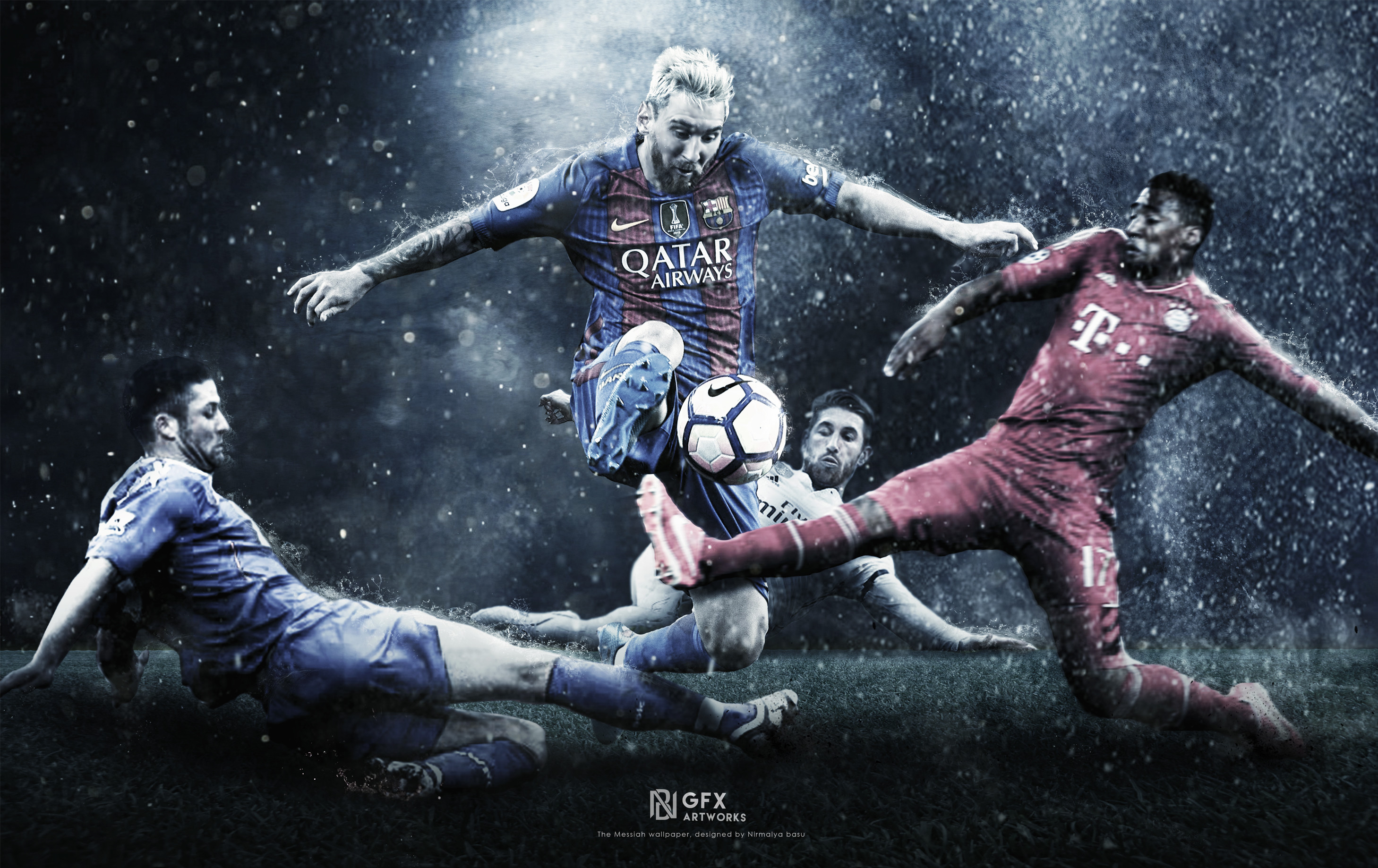 Lionel Messi, FC Barcelona, Bayern Monaco, Contrasto, Pioggia, 2K, wallpaper per computer