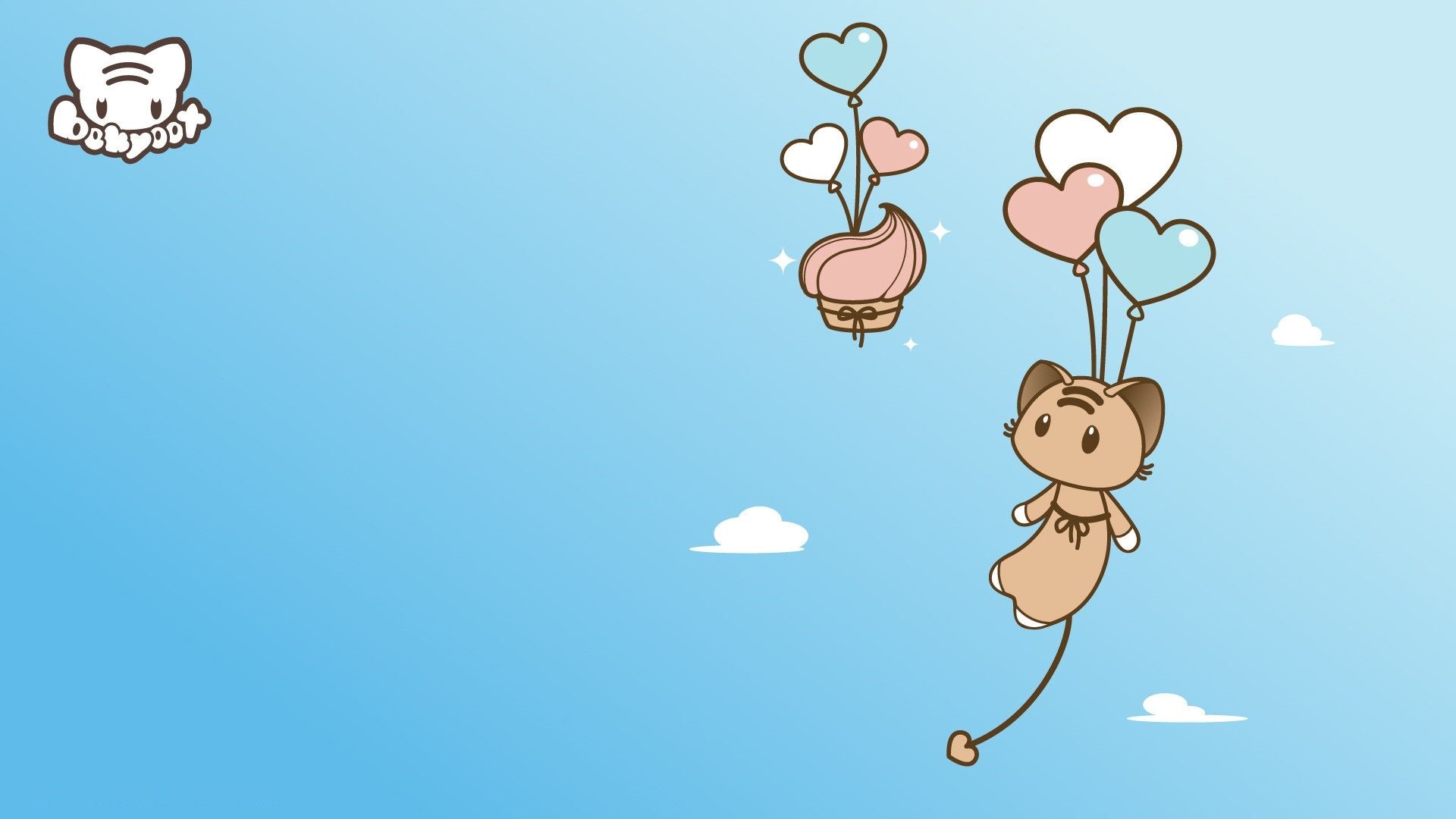 Gattino, Palloncini a cuore, Kawaii, Cielo azzurro, 1920x1080, sfondo per PC