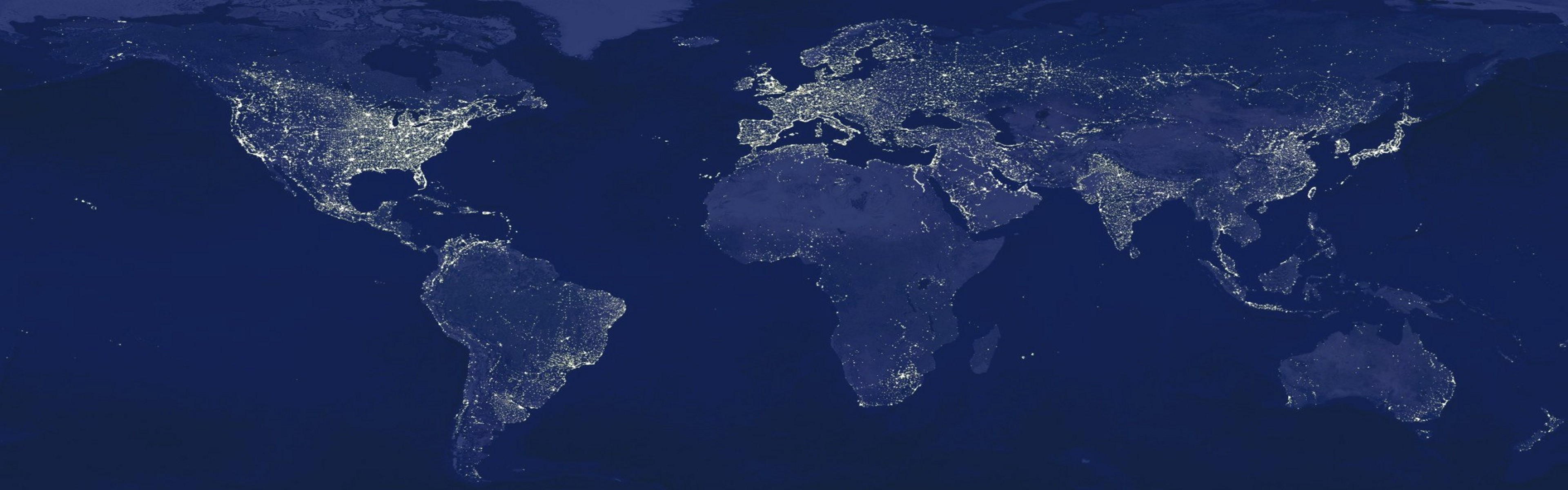 Terra di notte, Luci delle città, Blu, doppio schermo, sfondo Full HD