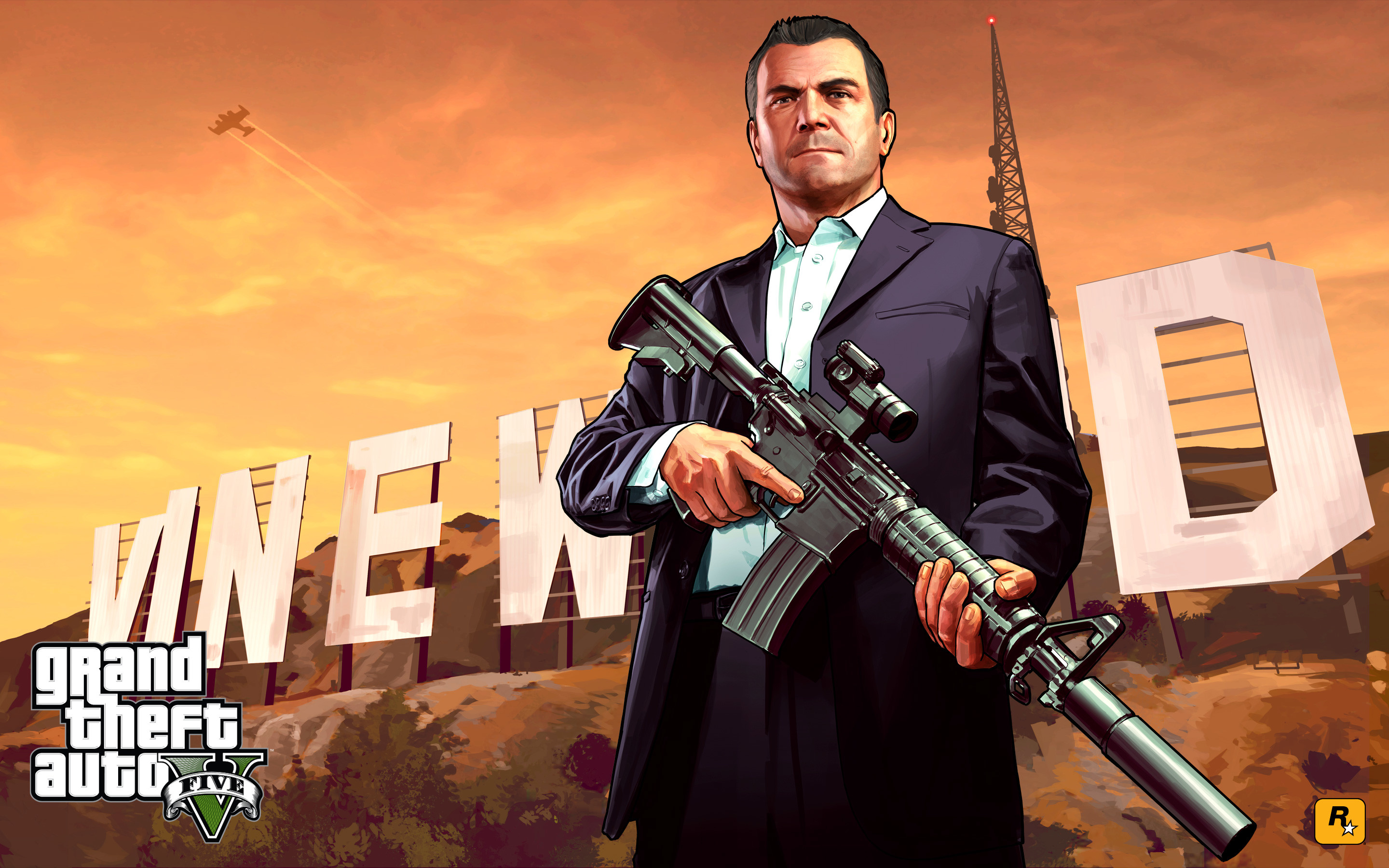 GTA V, Michael De Santa, Insegna Vinewood, Fucile, Tramonto, 2K, wallpaper per computer