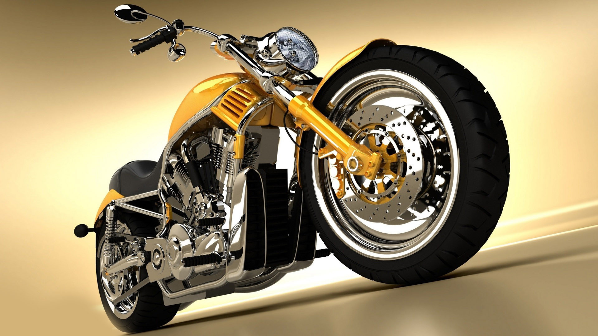 Harley-Davidson, Rendering 3D, Giallo, Cromature, Chopper, 1920x1080, sfondo per PC