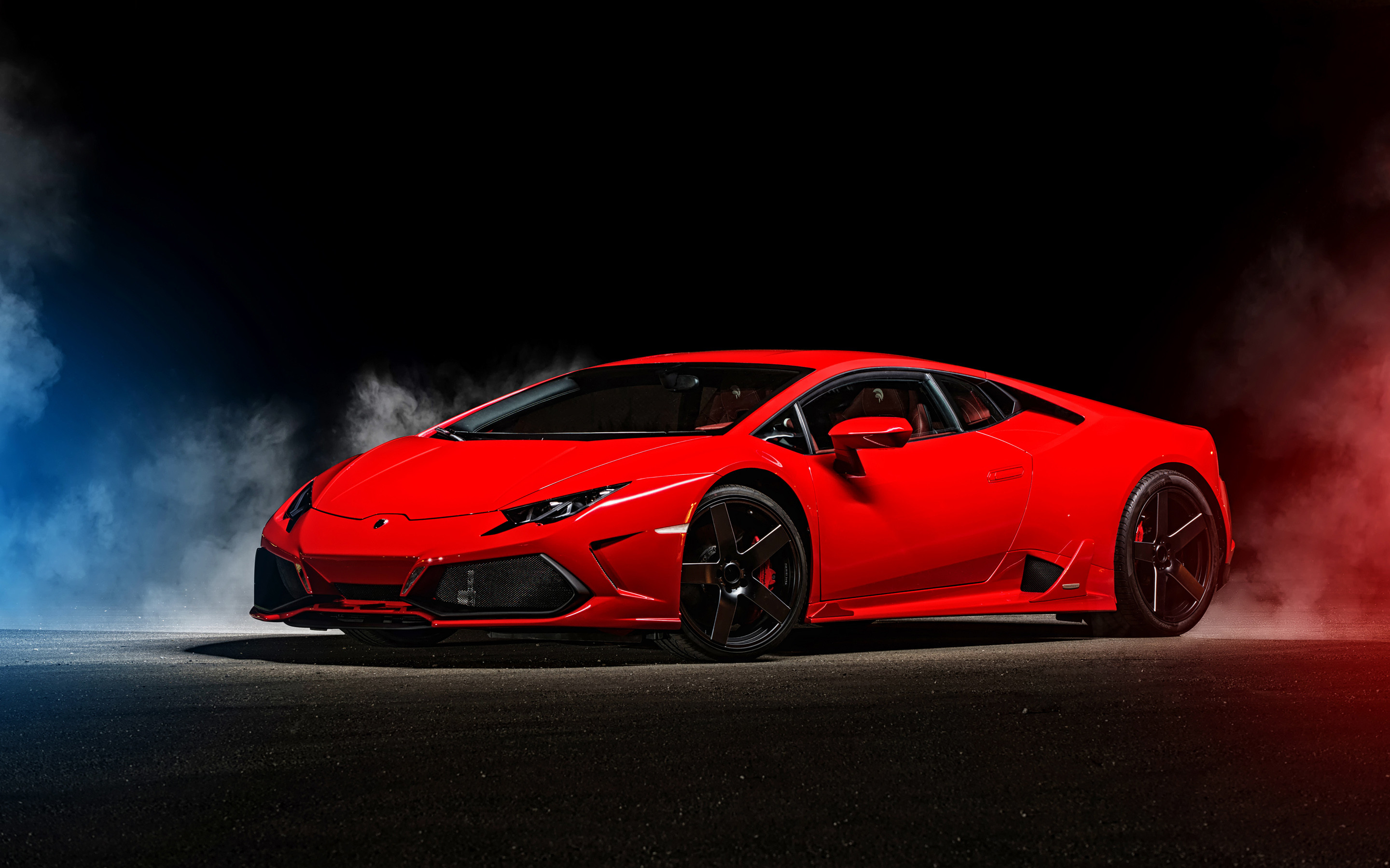 Lamborghini Huracán, Rosso, Fumo, Sfondo nero, 2K, wallpaper per computer