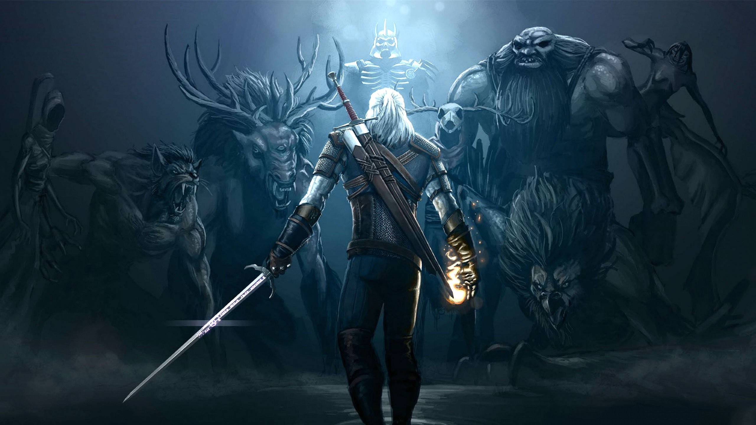 Geralt di Rivia, The Witcher 3: Wild Hunt, Mostri, Spada, 2K, sfondo Windows 11