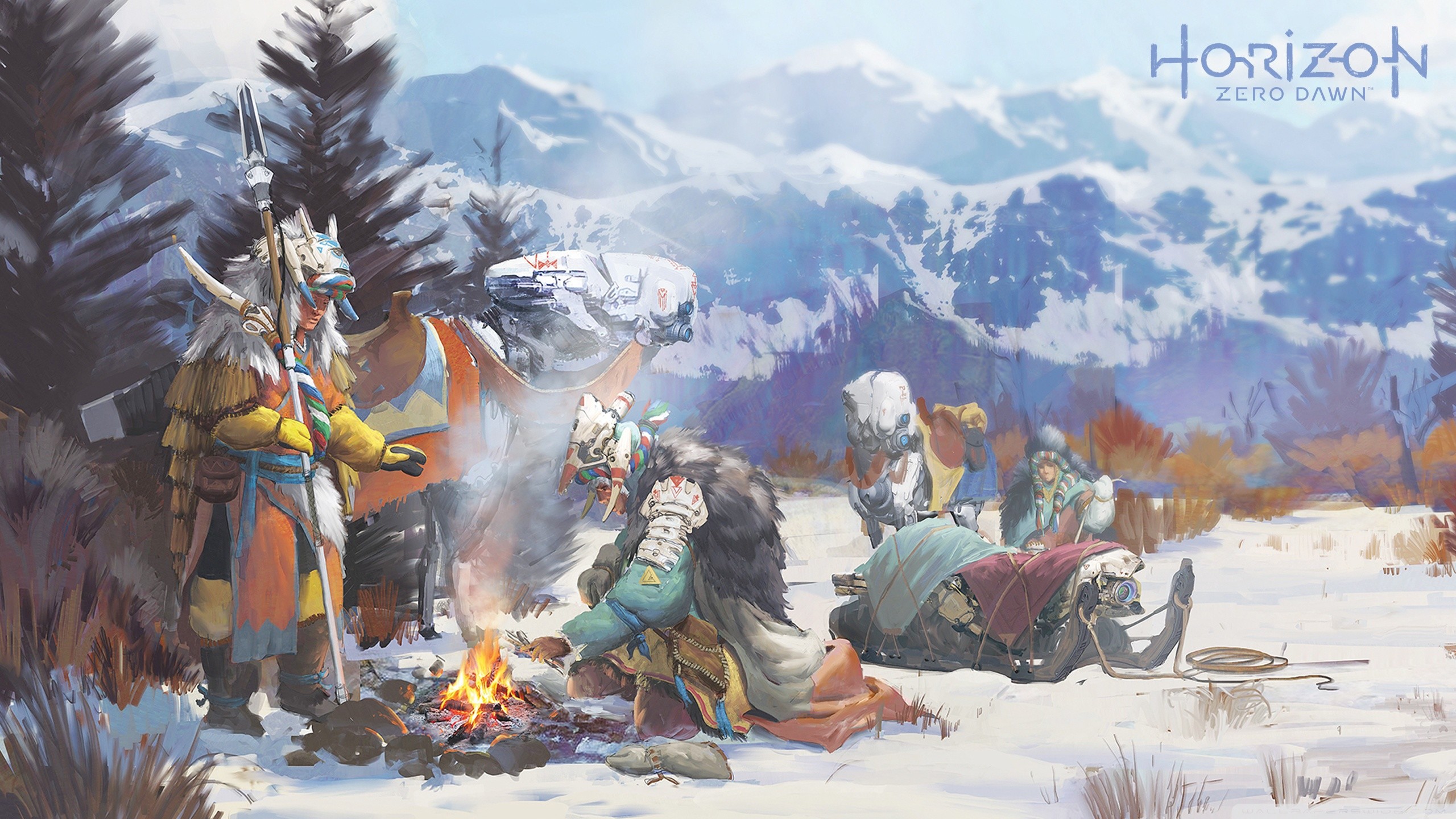 Horizon Zero Dawn, Logo, Neve, Accampamento, 2K, sfondo Windows 11