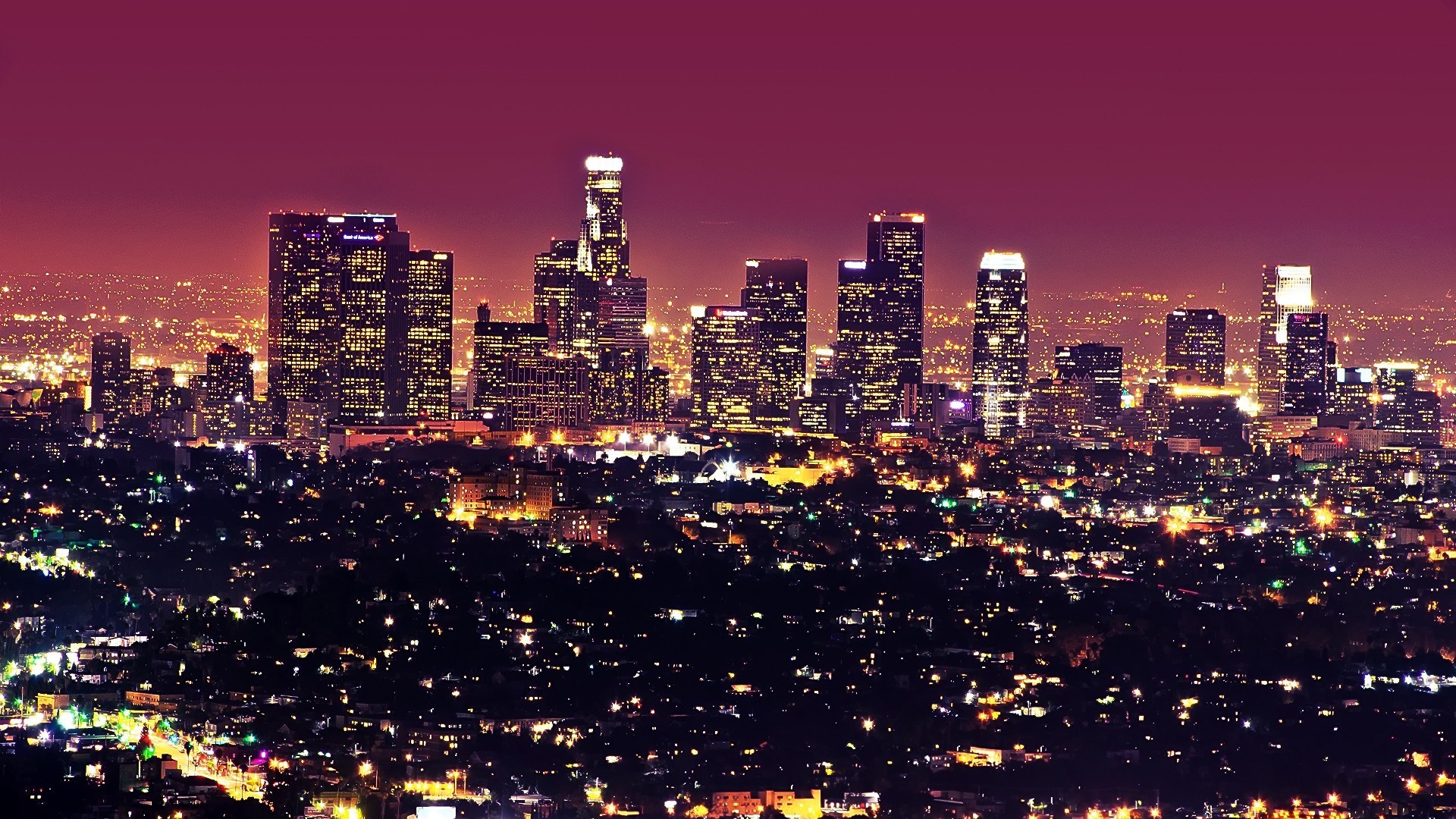 Downtown Los Angeles, Skyline, Notte, Cielo viola, Full HD, sfondo per PC e portatile