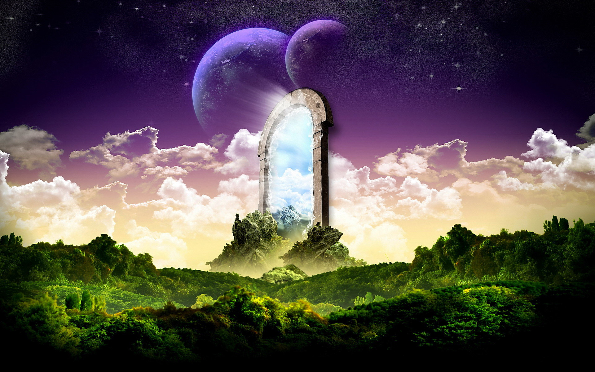 Portale, Pianeti, Foresta, Arte fantasy, Full HD, wallpaper per portatile