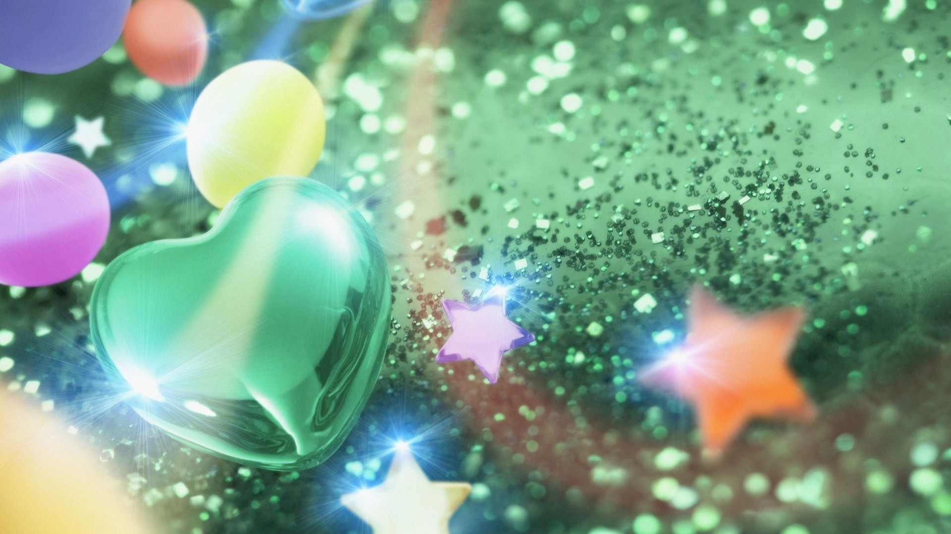 Stelle, Cuore, Brillantini, Palloncini, Verde, 16:9 Full HD, sfondo widescreen