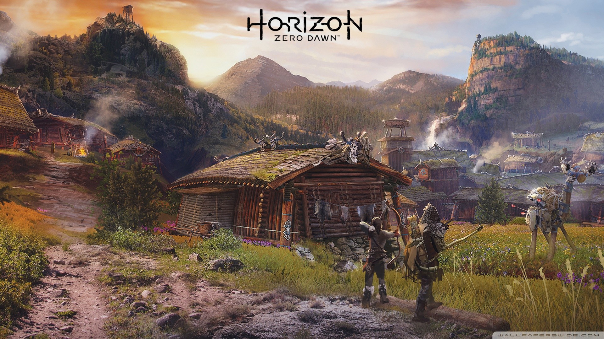 Horizon Zero Dawn, Villaggio, Logo, Tramonto, Full HD, sfondo per PC e portatile