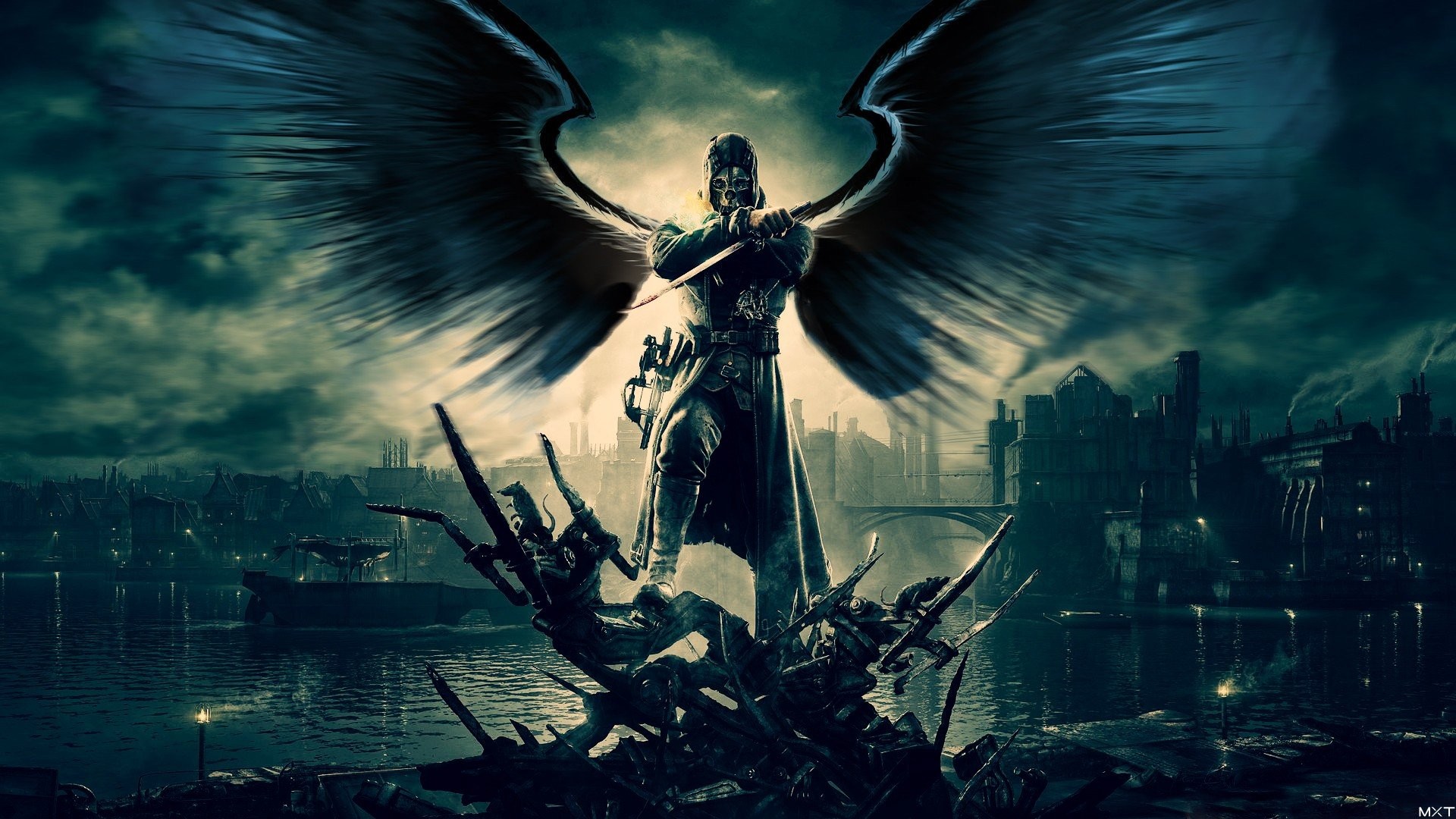 Corvo Attano, Dishonored, Ali, Dunwall, Notte, Full HD, sfondo desktop
