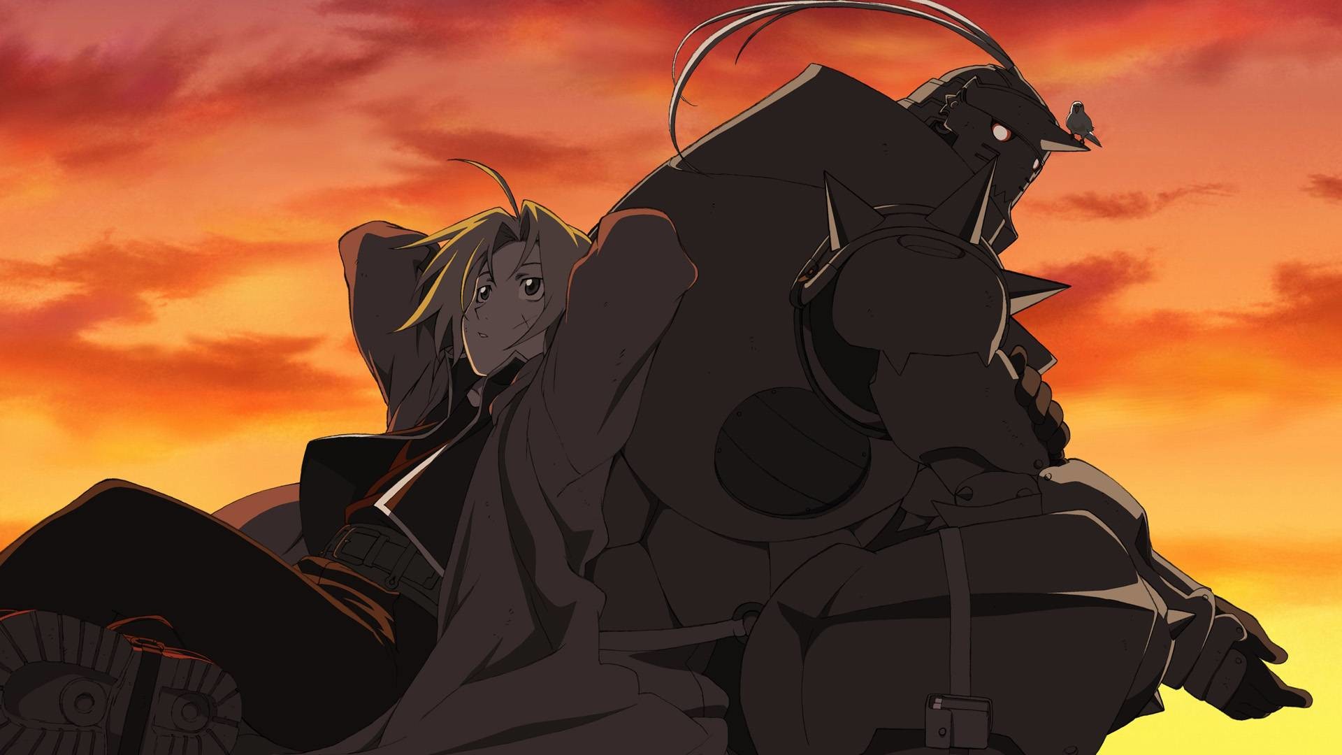 Edward Elric, Alphonse Elric, Fullmetal Alchemist, Tramonto, Cielo arancione, immagine di sfondo