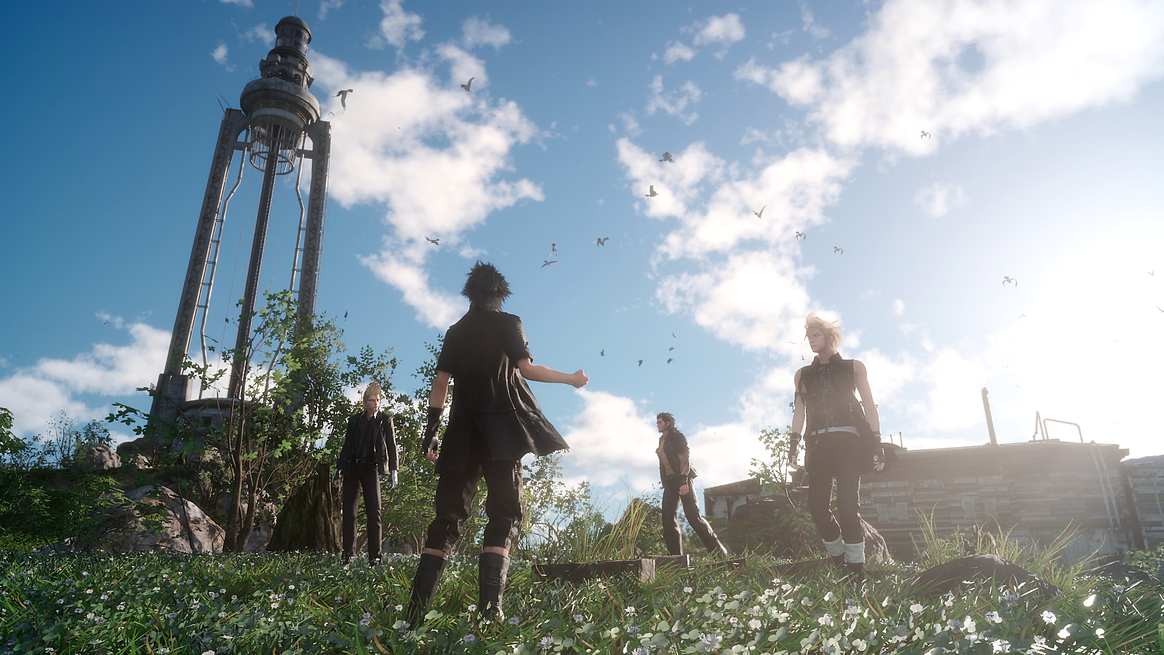 Noctis Lucis Caelum, Final Fantasy XV, Torre, Cielo, Prato, 4K, sfondo desktop