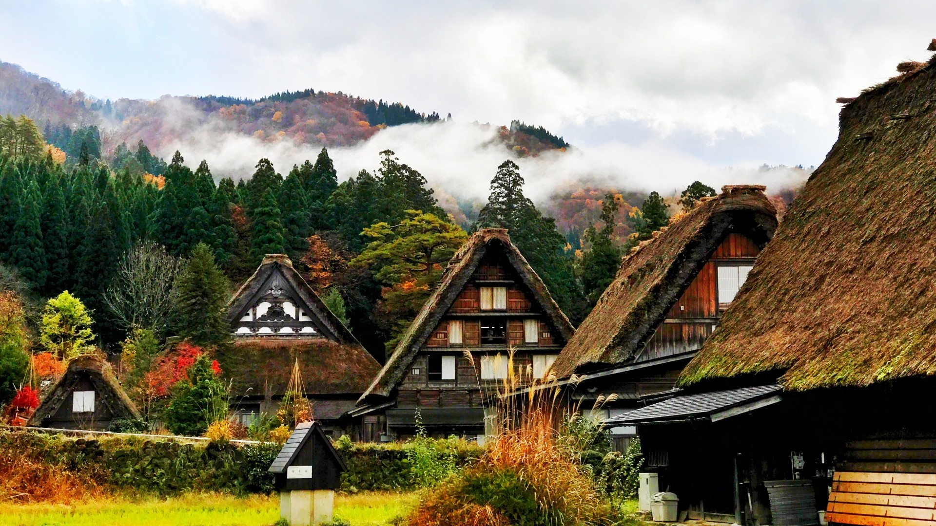 Shirakawa-gō, Case gasshō-zukuri, Gifu, Giappone, Villaggio, Full HD, sfondo per PC