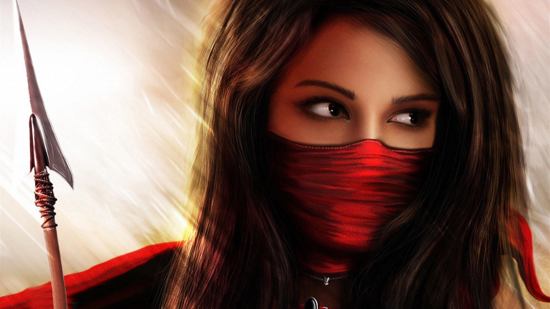 Guerriera, Maschera rossa, Lancia, Arte digitale, 16:9 Full HD, sfondo widescreen