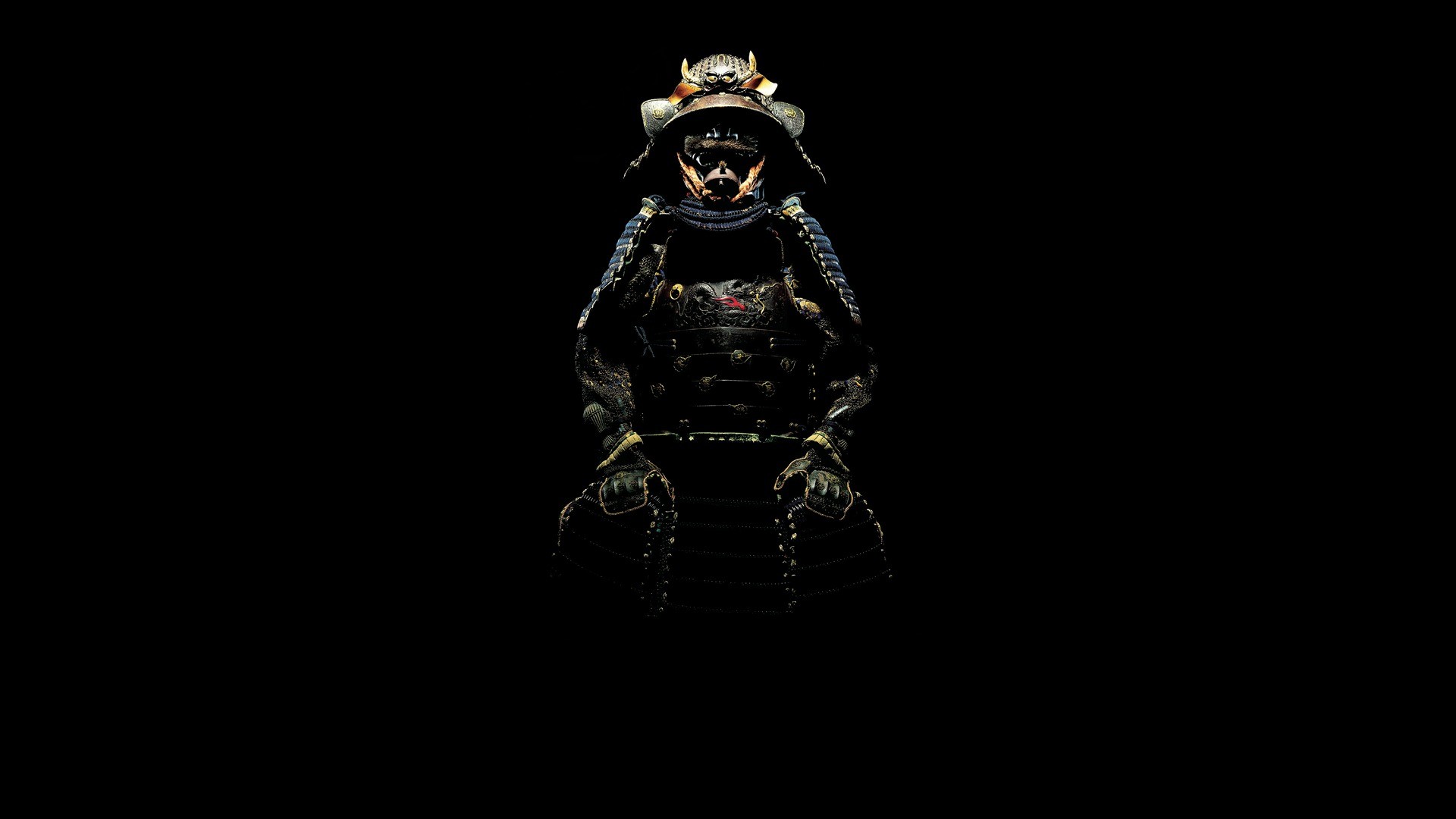 Samurai, Armatura, Kabuto, Sfondo nero, Full HD, wallpaper per PC