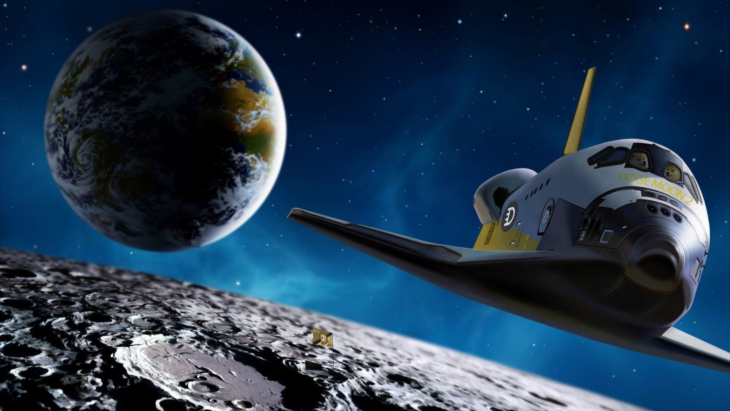 Doge, Space Shuttle, Dogecoin, Luna, Spazio, 2560x1440, sfondo per PC