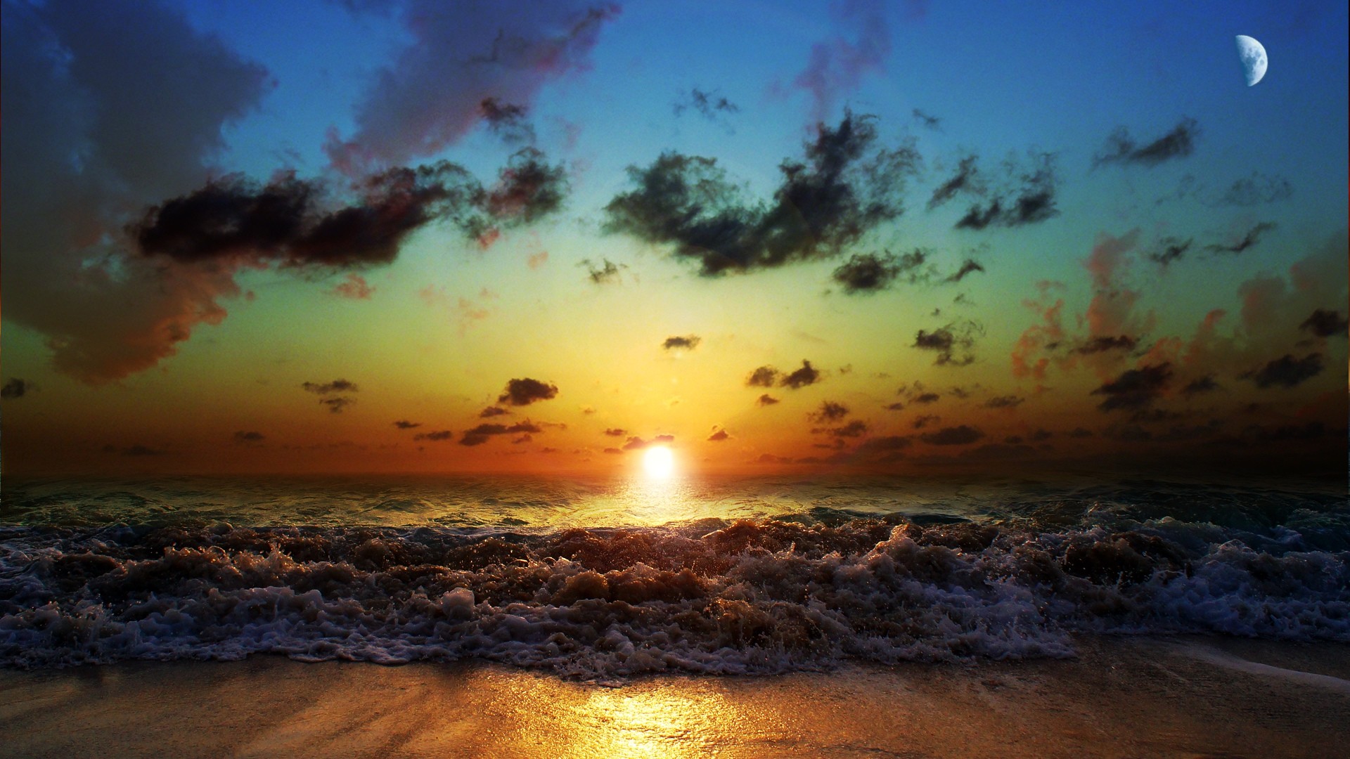 Sole, Tramonto, Mare, Onde, Full HD, sfondo Windows 11