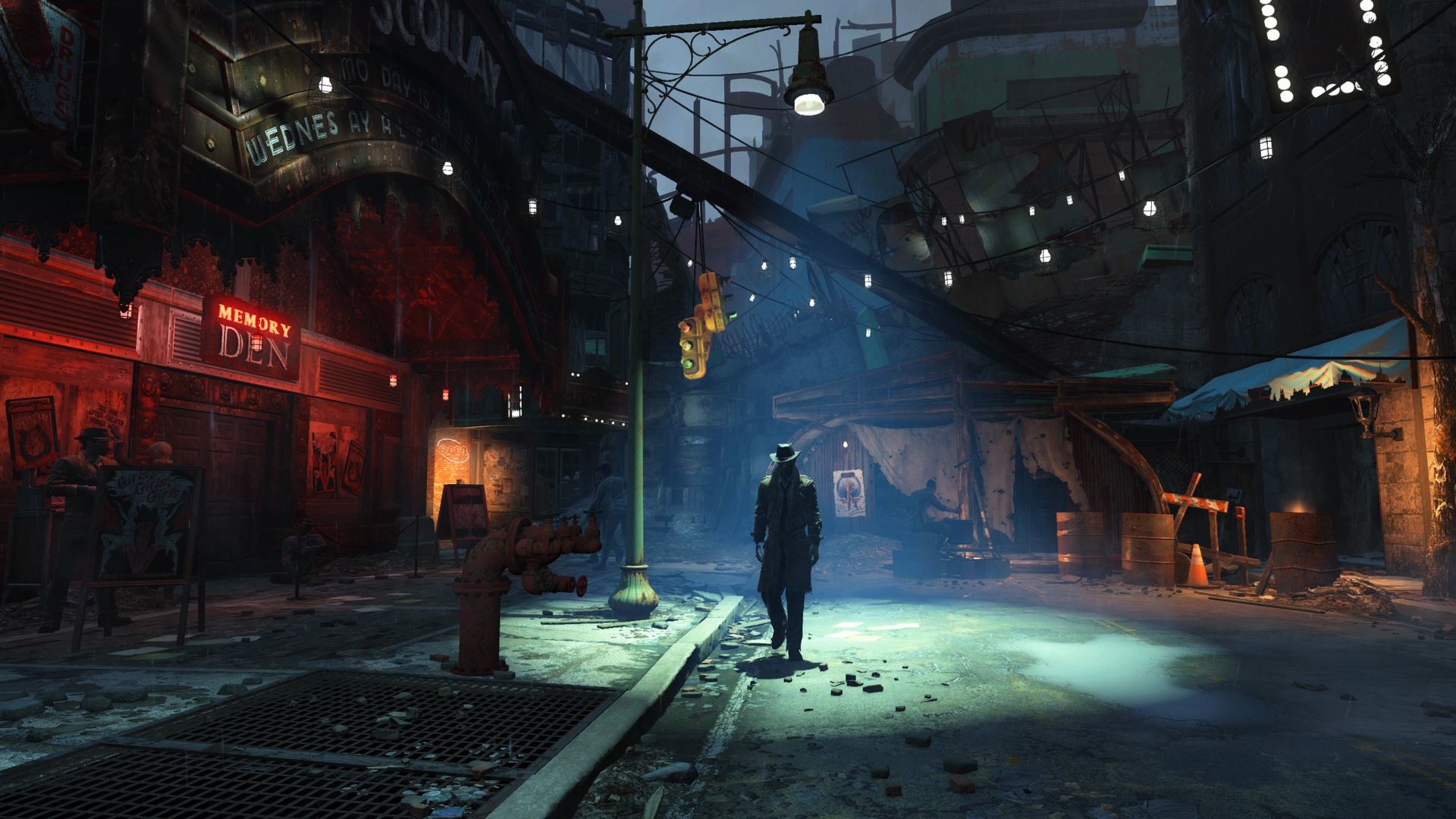 Fallout 4, Diamond City, Notte, Strada, Full HD, sfondo desktop