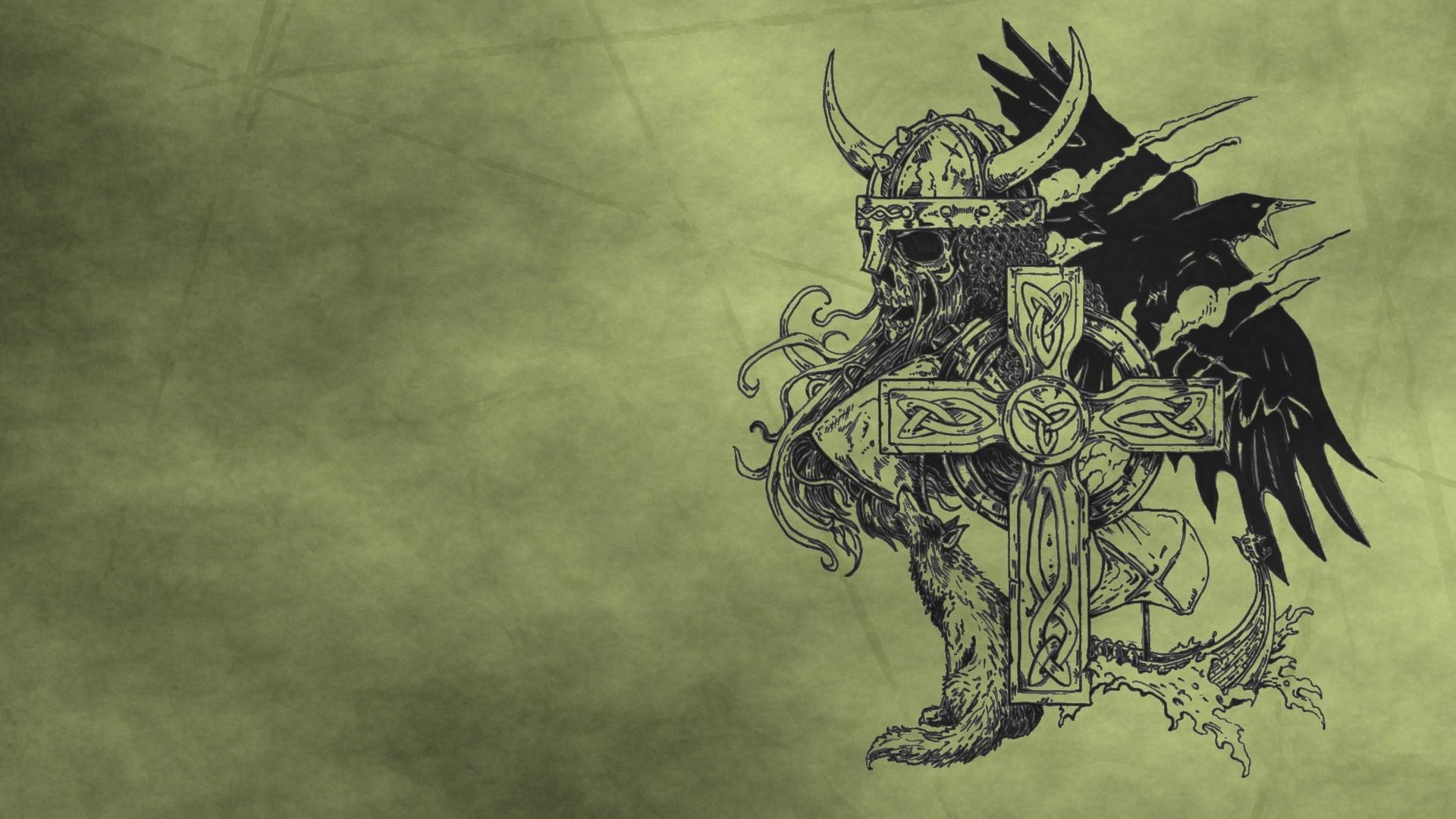 Guerriero vichingo, Corvi, Disegno, Sfondo verde, Full HD, wallpaper per computer