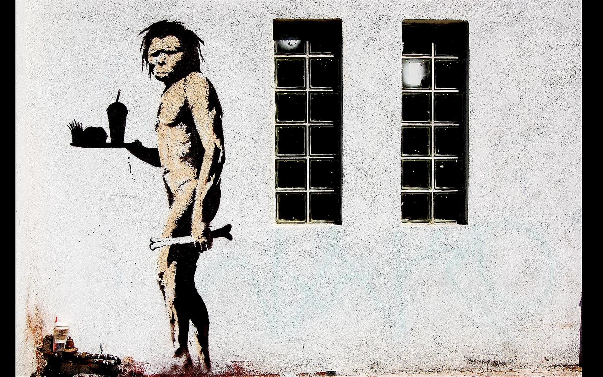 Banksy, Uomo delle caverne, Fast food, Stencil, 1920x1200, immagine di sfondo