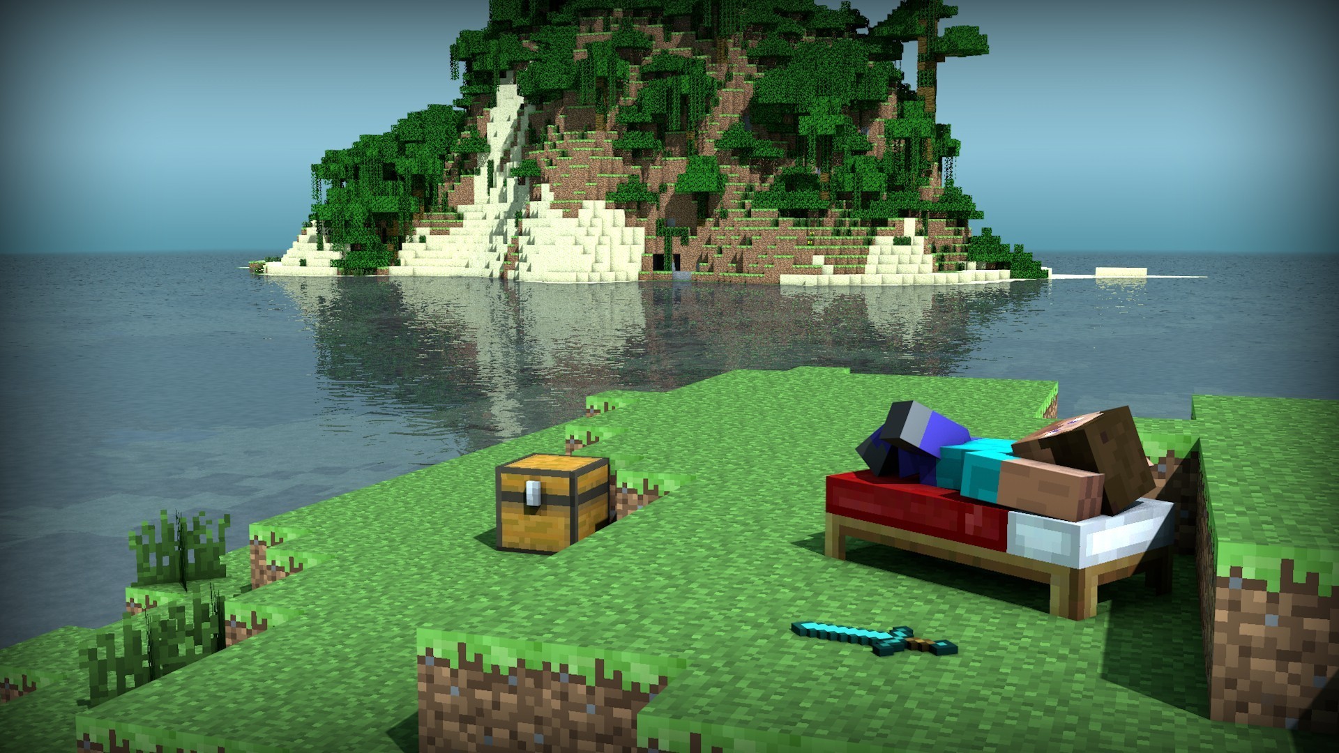 Minecraft, Steve, Letto, Isola, Mare, 1920x1080, sfondo per PC
