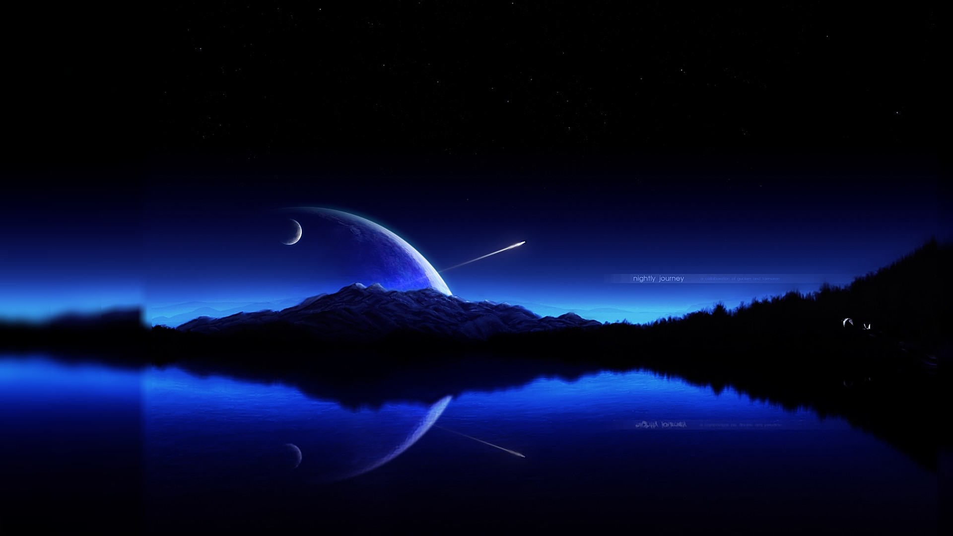 Lago, Montagne, Luna crescente, Notte, Blu, Full HD, sfondo PC