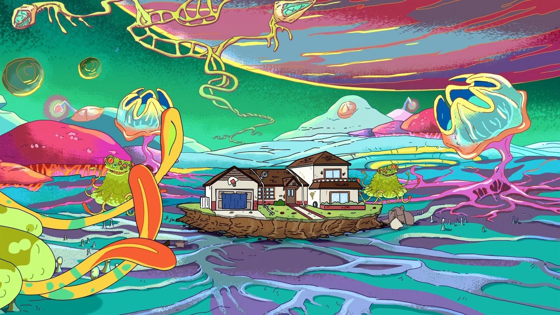 Rick and Morty, Casa degli Smith, Paesaggio alieno, Arte psichedelica, sfondo Windows 11