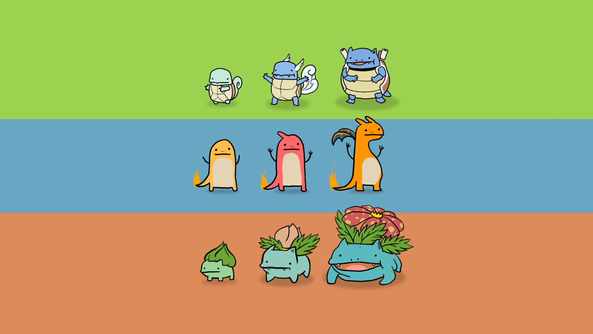 Pokémon, Squirtle, Charmander, Bulbasaur, Evoluzioni, Pixel art, sfondo Windows 11
